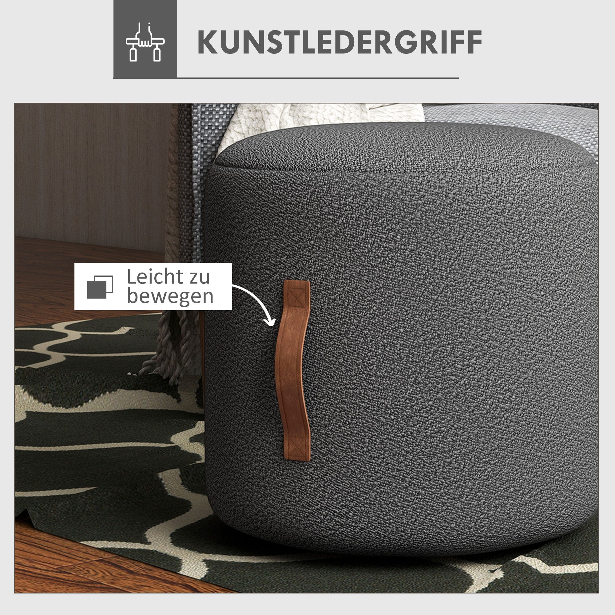 Round Ottoman/Stool Upholstered Footrest Handle Ø48x45cm, Dark Grey