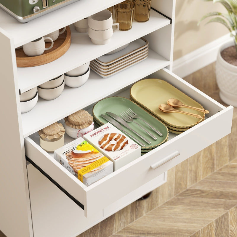 Microwave Cabinet with Shelf, Double Door, Drawer, and Casters, White
