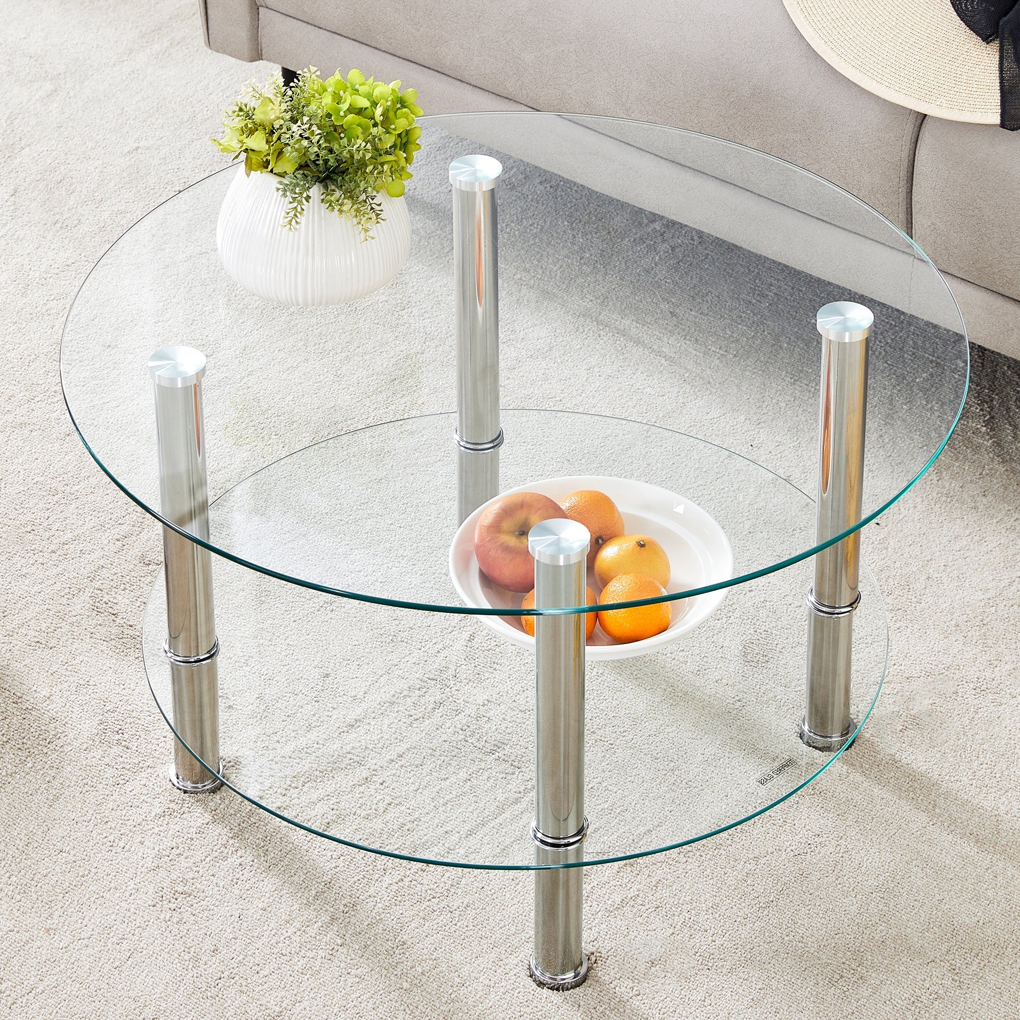 Glass Coffee Table Two-Tiered Silver Metal Legs - Silver