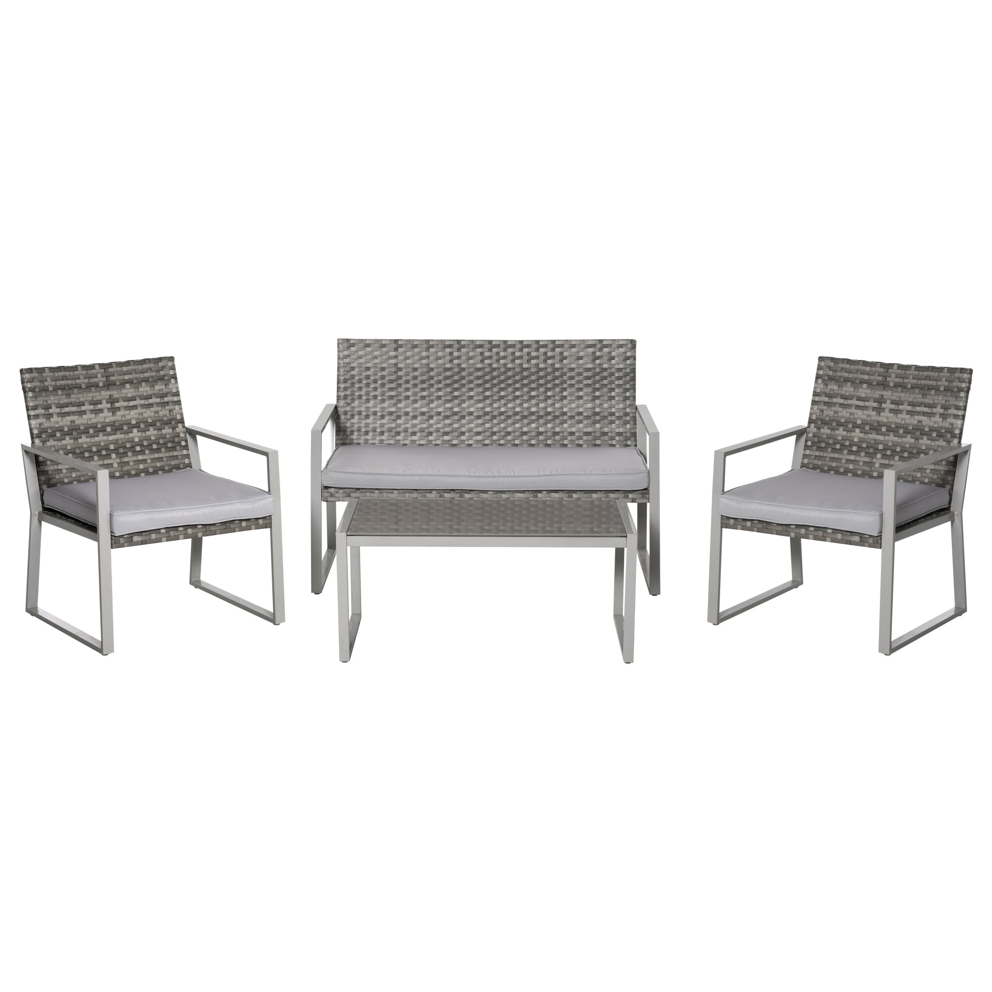 4PC Rattan Garden Furniture Set with 2 Single Chairs, 1 Bench, and Coffee Table, Grey Wicker Weave