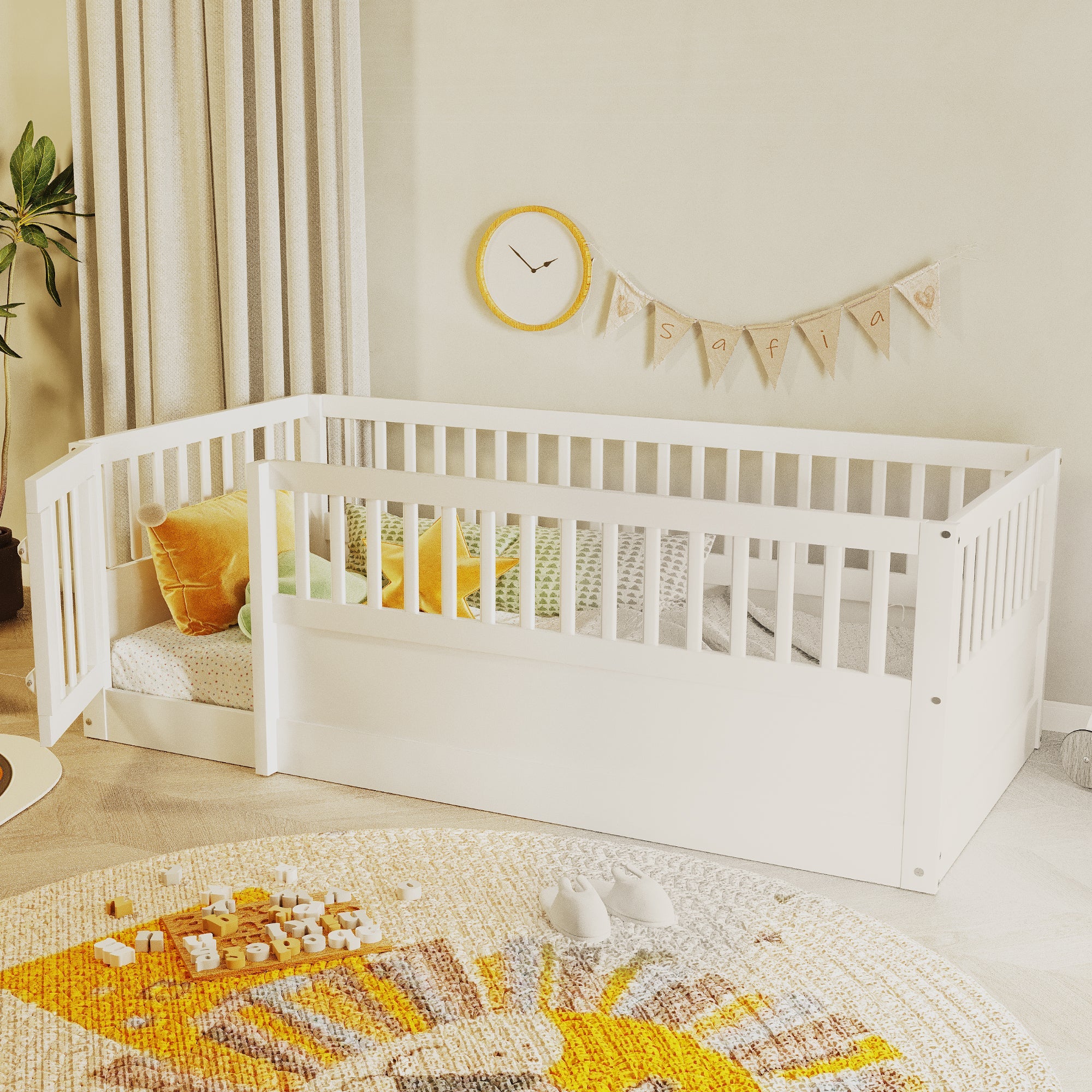 Children's Bed 90x200cm with Railing and Door, White Wood