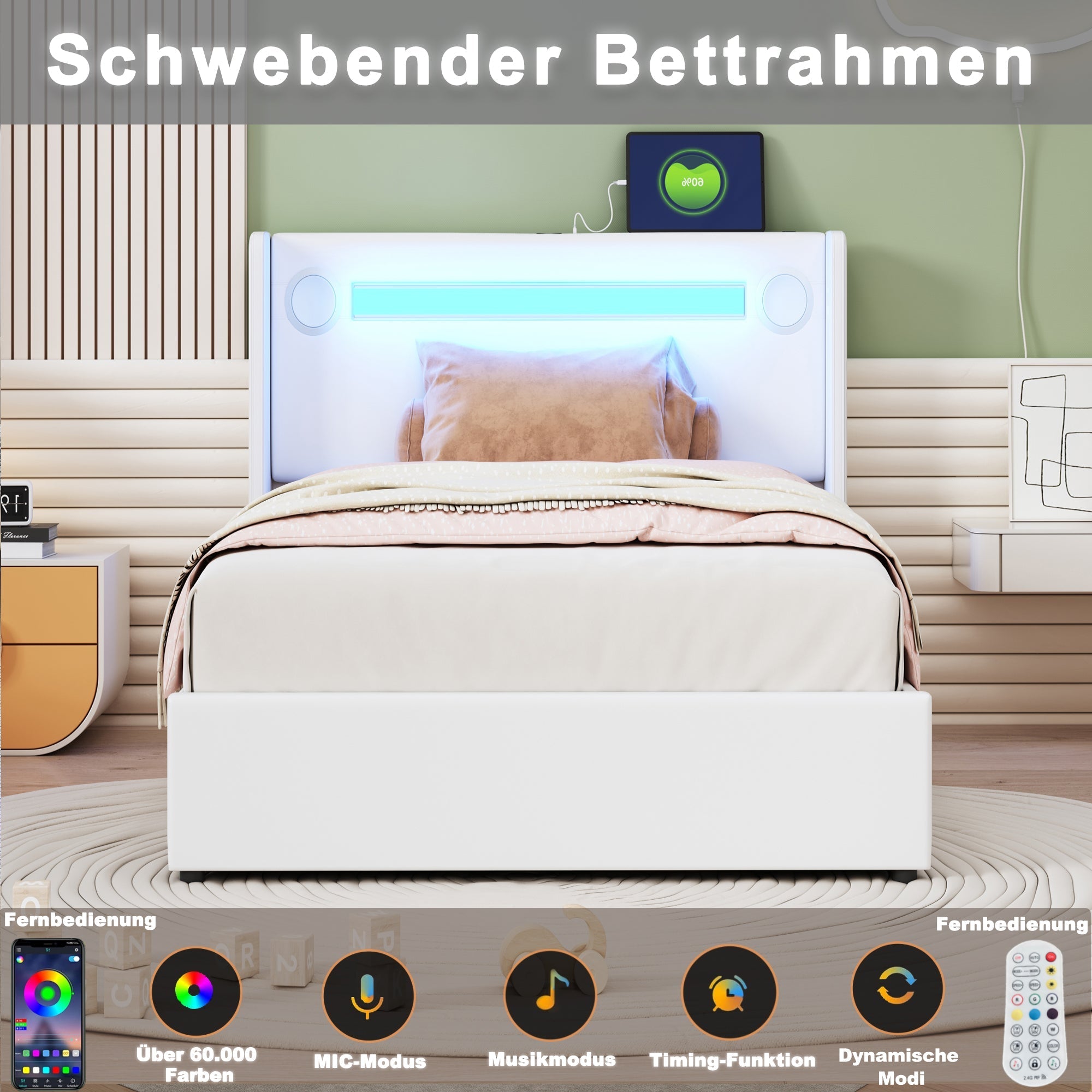 Upholstered Bed with LED Lights, Bluetooth Player, USB Ports and Hydraulic Storage, White PU Leather