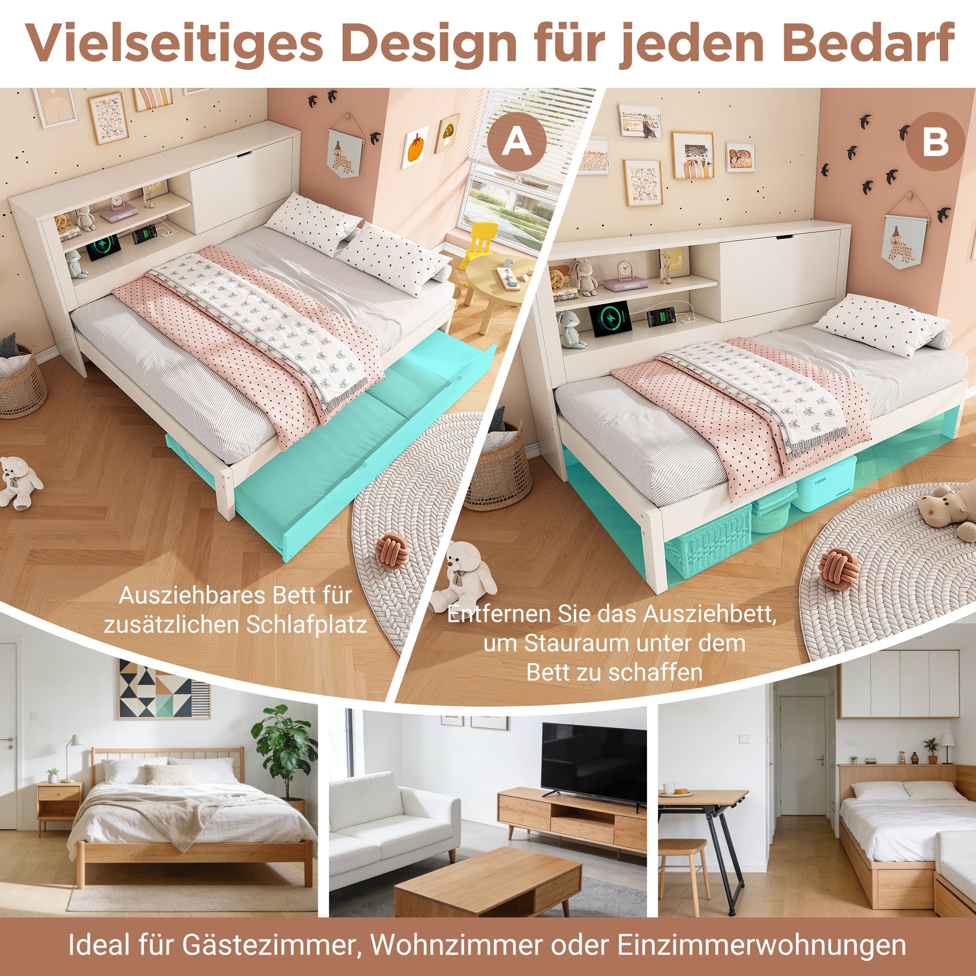 Single Sofa Bed 90x200cm Pull-Out Bed 90x190 Storage USB/USB-C Charging - White Wood