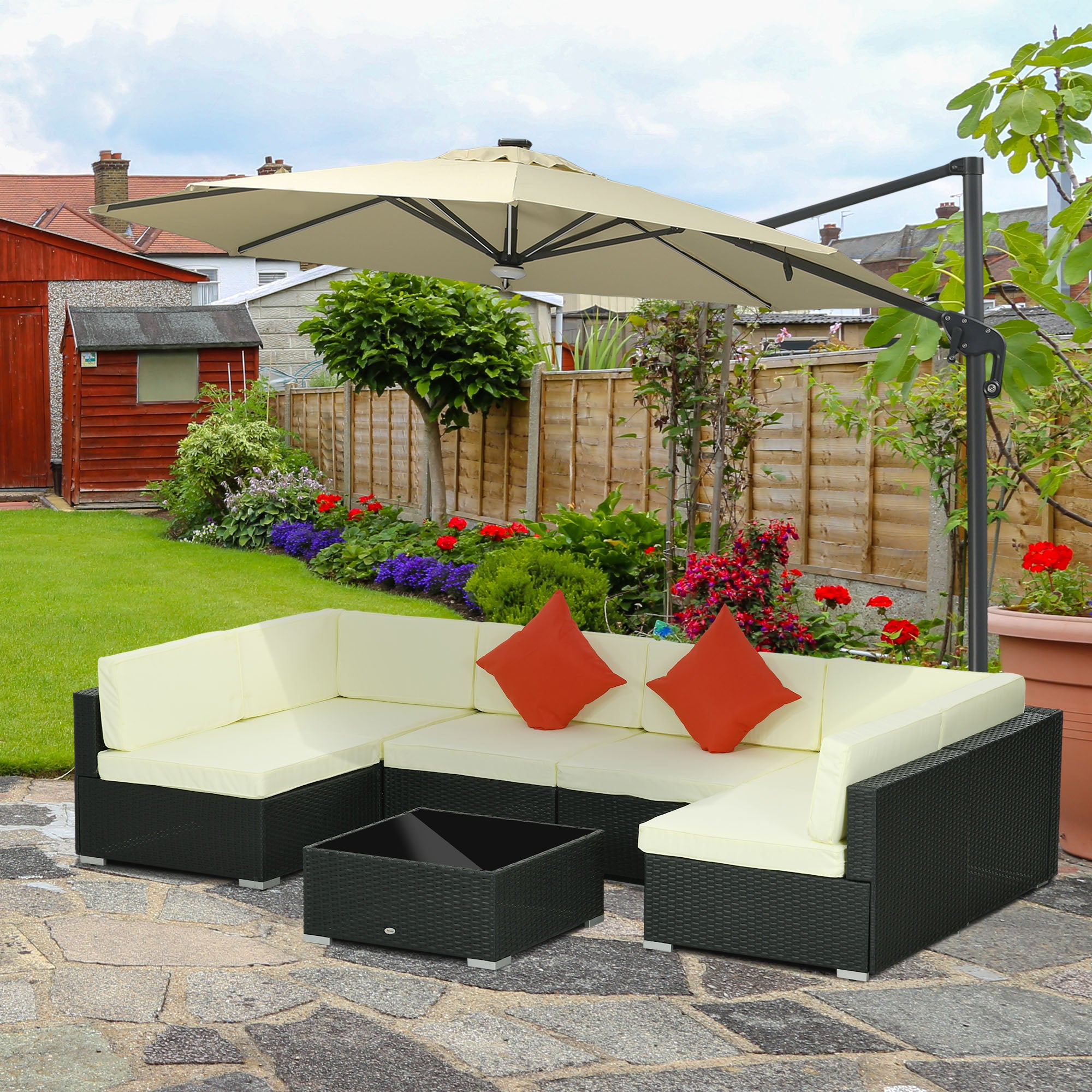 Seven-Piece Garden Set with Glass-Top Table, Rattan Black/Beige