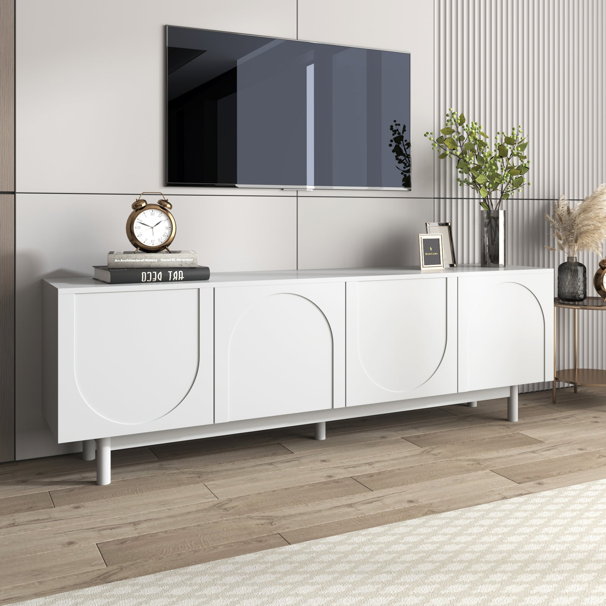TV Cabinet, 175x38x56 cm Adjustable Shelves Lowboard, White