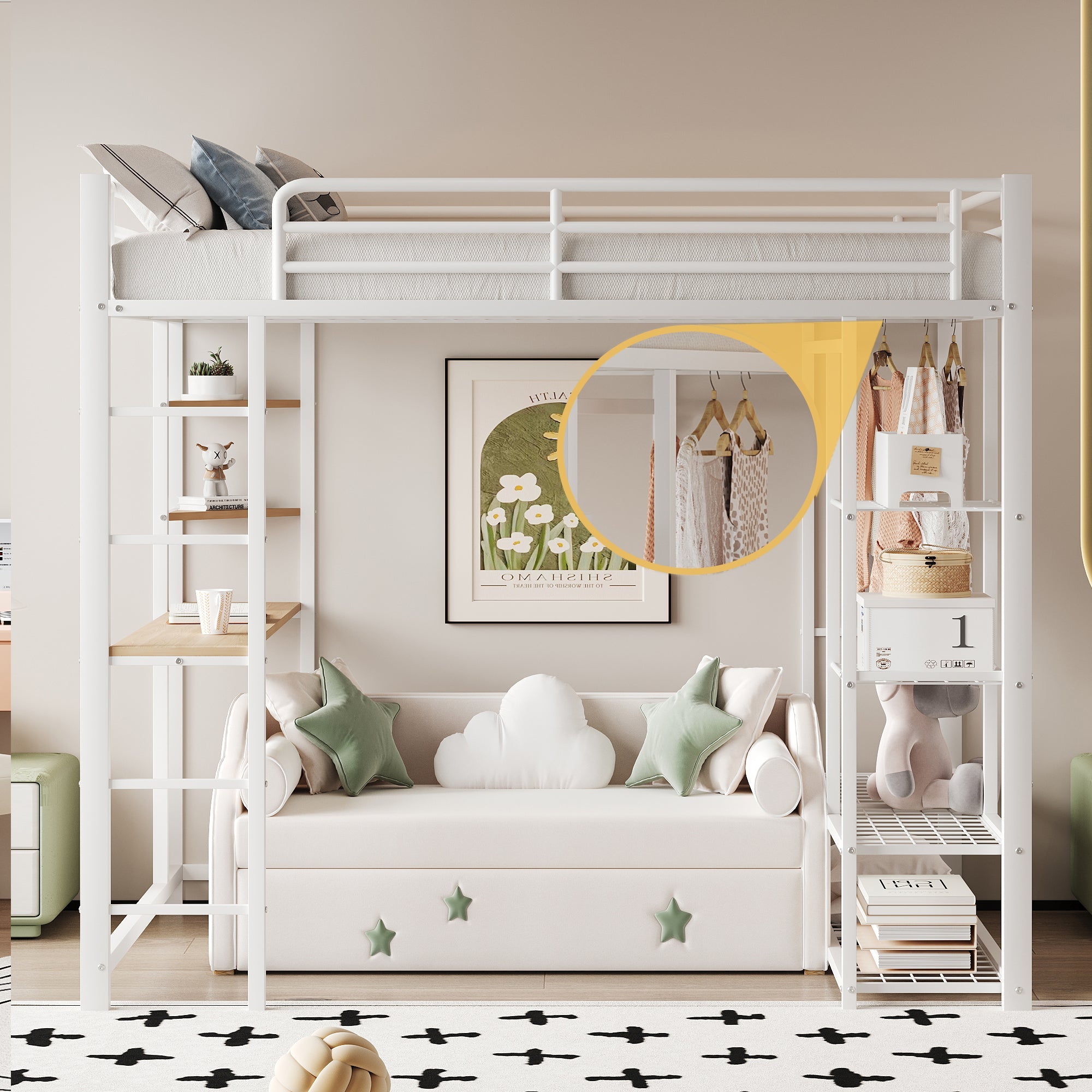 Metal Loft Bed, 140x200cm Junior Double with Desk & Storage, White