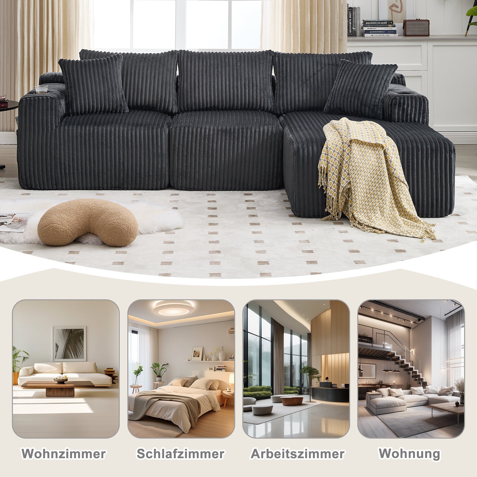 Modular Sofa Set Chaise 2-Seater Side Pockets Corduroy