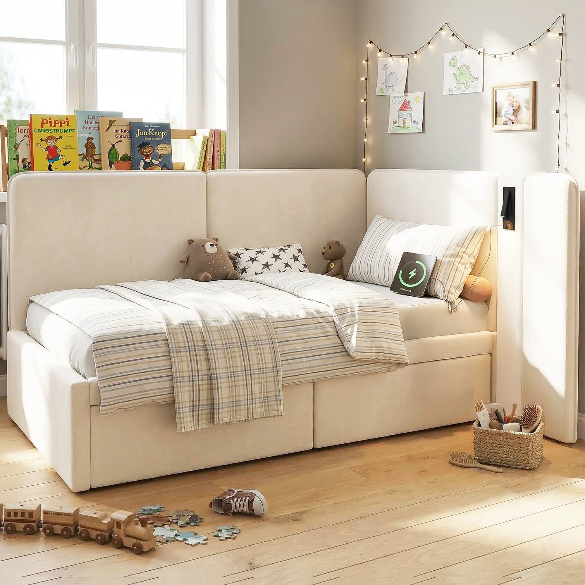 Upholstered Daybed with 2 Drawers, USB Charging Port and Reading Lamp, 90x200cm, Beige Velvet