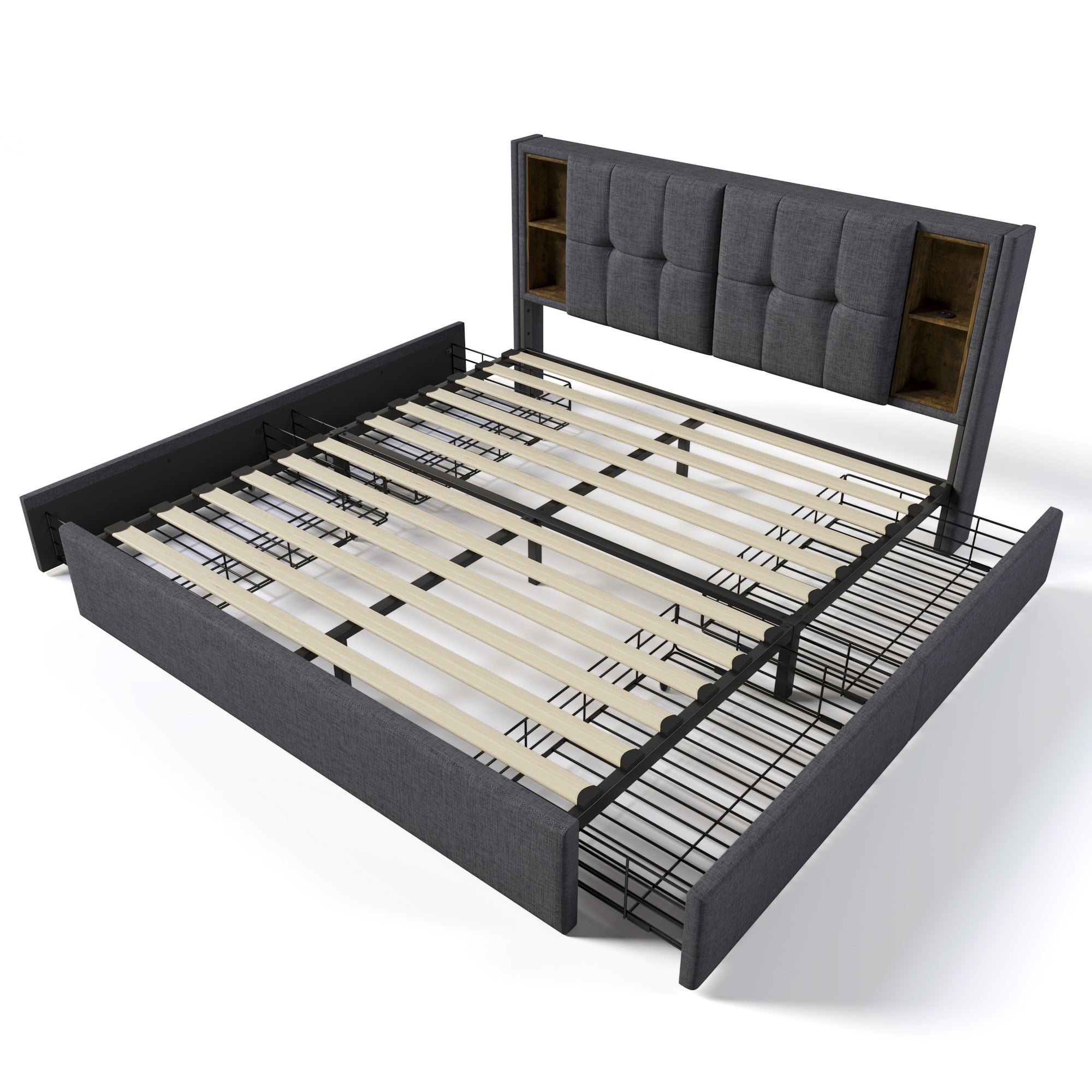 Double Bed with Wireless Charging & 4 Drawers, 160x200cm, Grey Linen