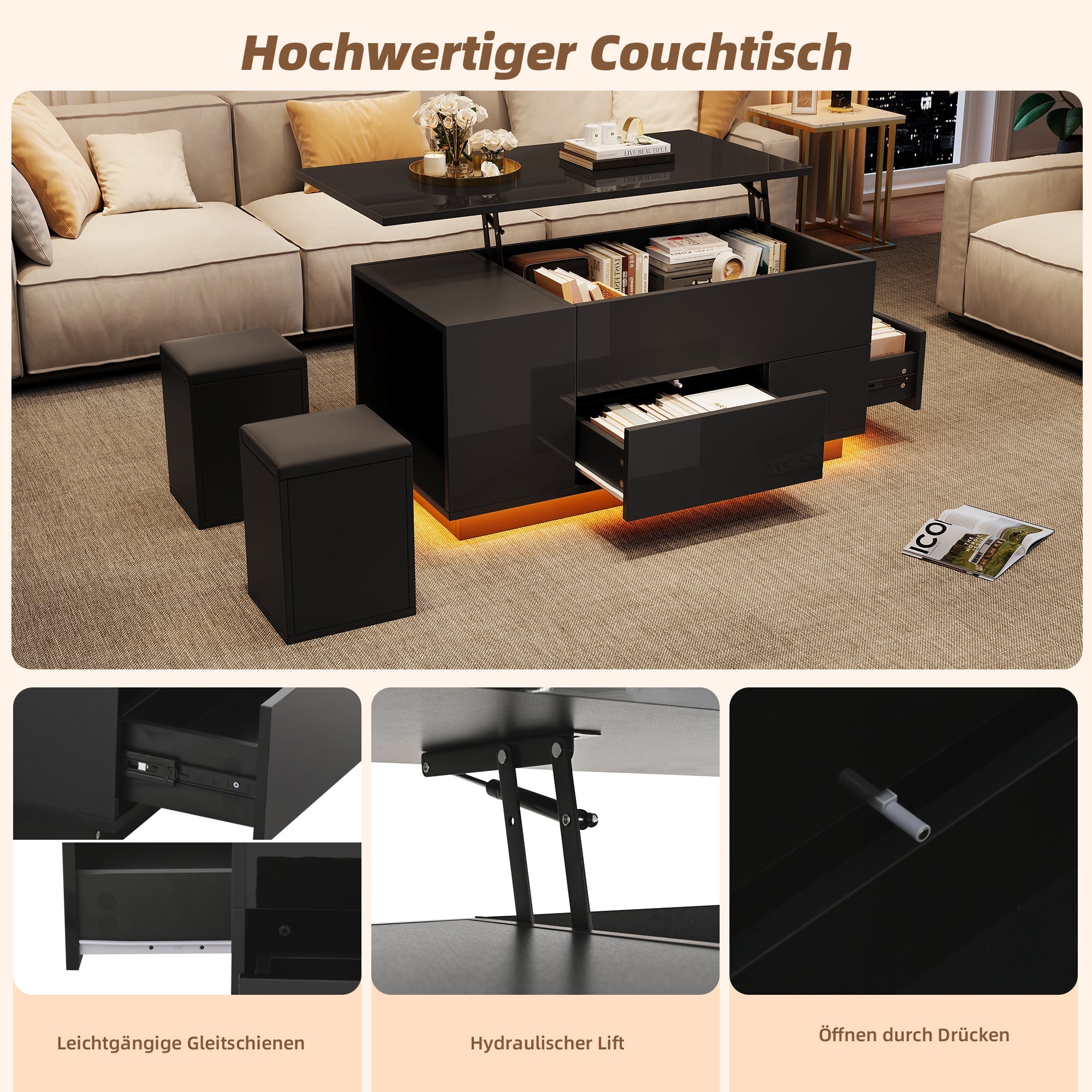 Coffee Table, 4-in-1 Height Adjustable LED with 2 Drawers, High-Gloss Black