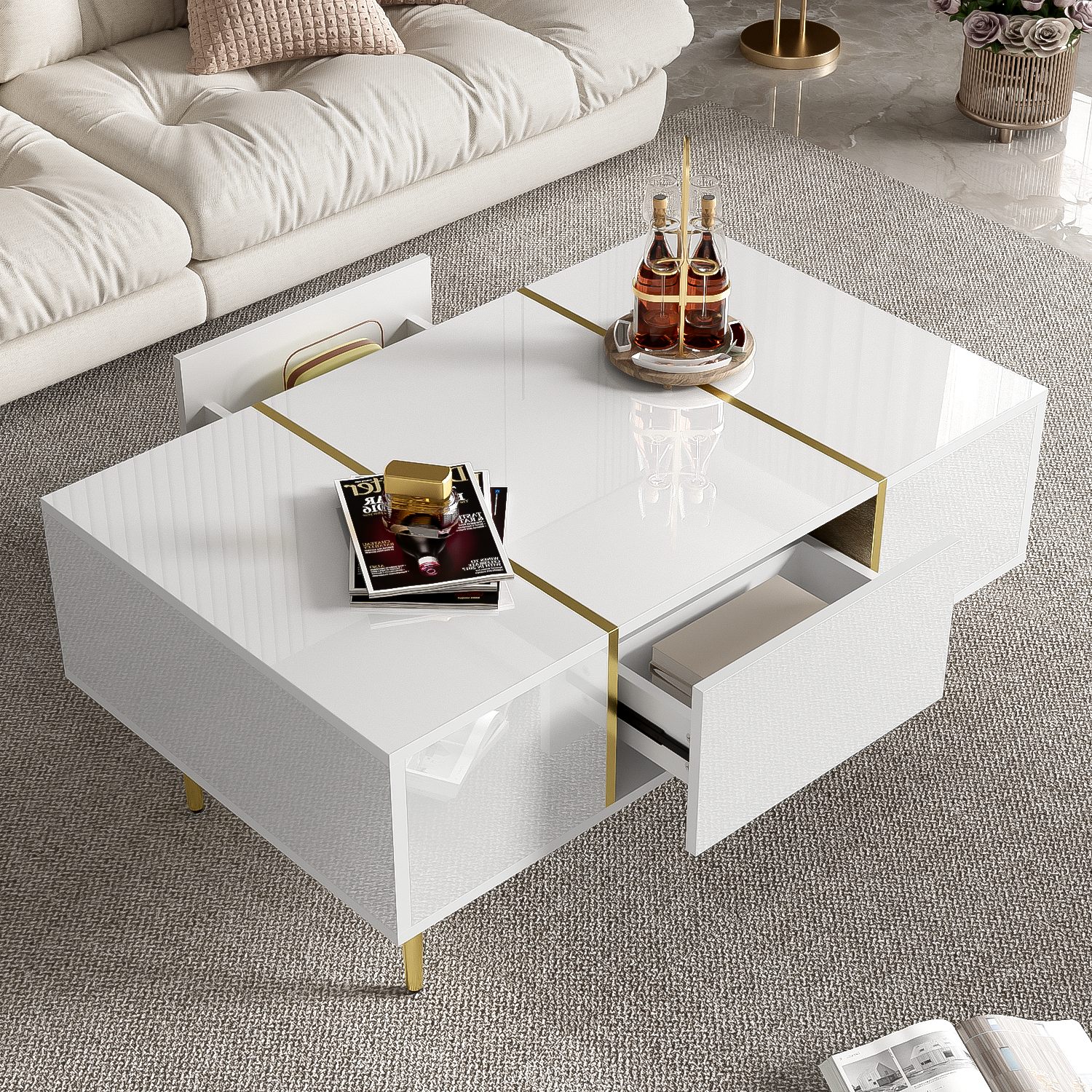 White Coffee Table, High Gloss Modern with 2 Drawers