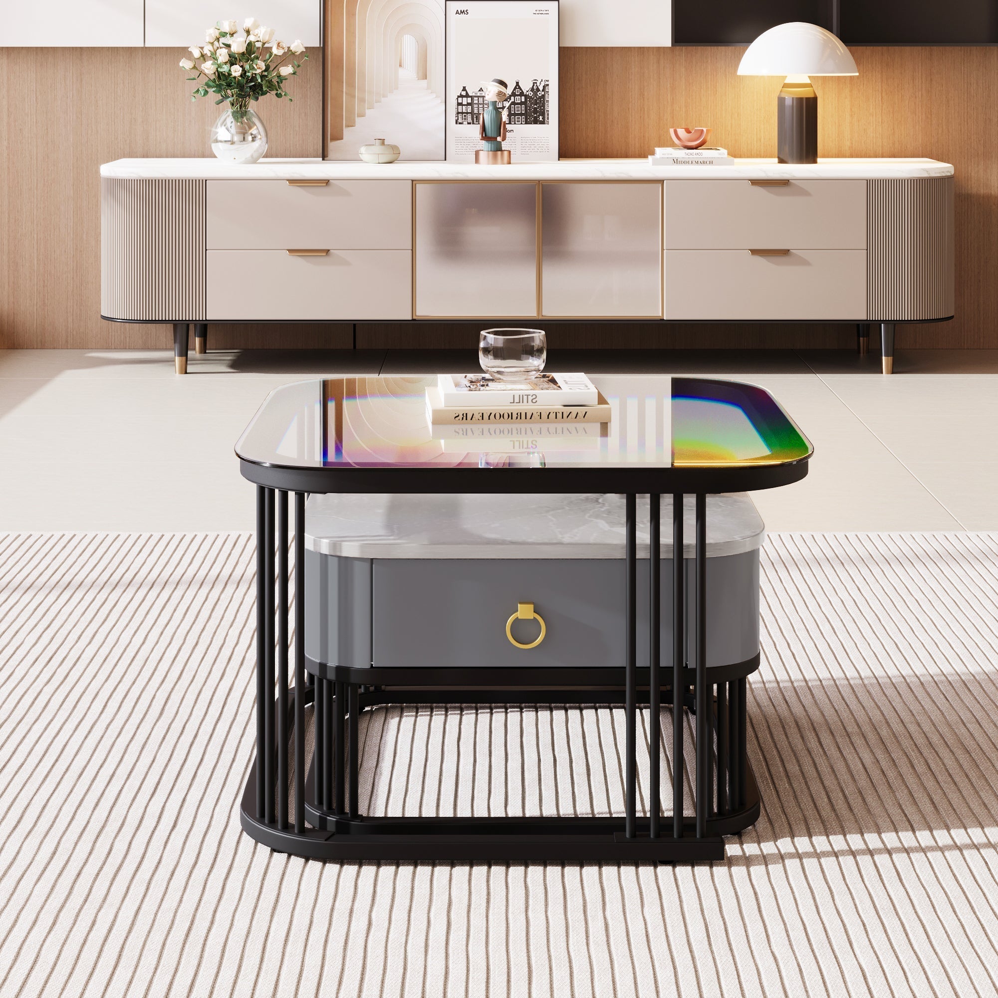 Stackable Coffee Table: High-Gloss Marble Look, Glass Top, Black Legs
