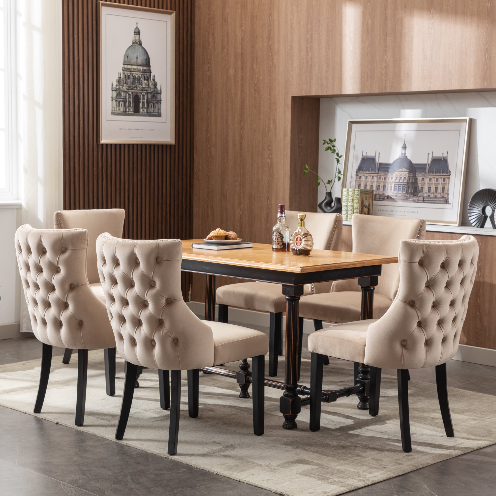 Dining Chair - Button Tufting, Solid Wood Frame - Beige Velvet (Set of 6)