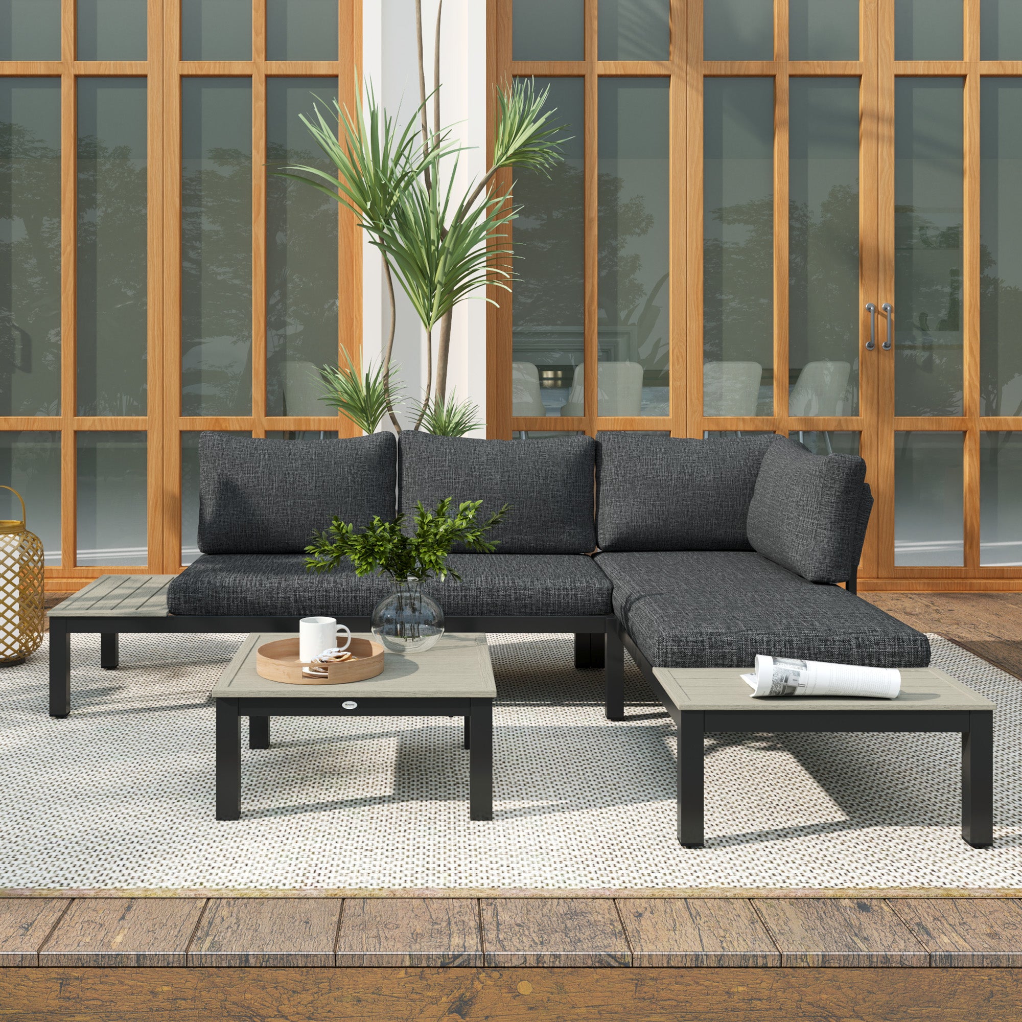 3 Pieces Garden Furniture Sets Corner Sofa Set Coffee Table Aluminium Dark Grey
