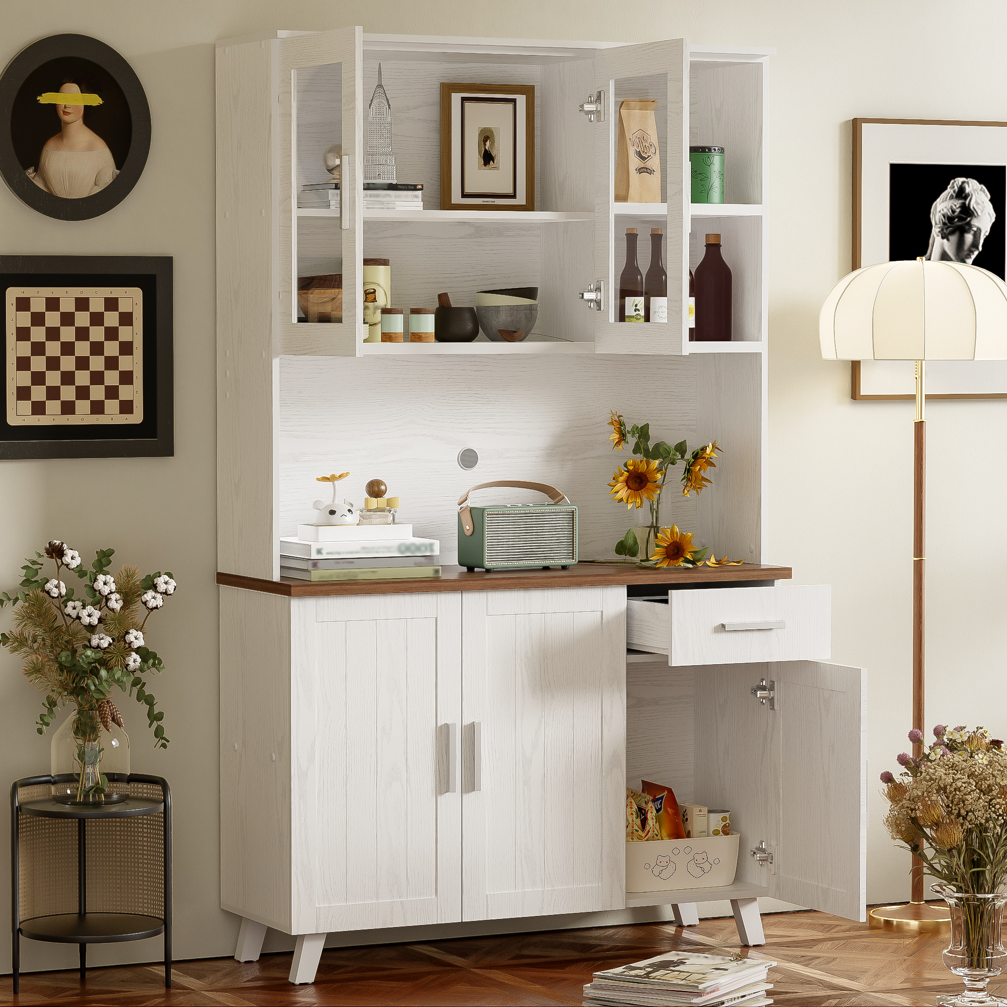 Sideboard, Tall Cabinet with Glass Panels, White Wood Grain