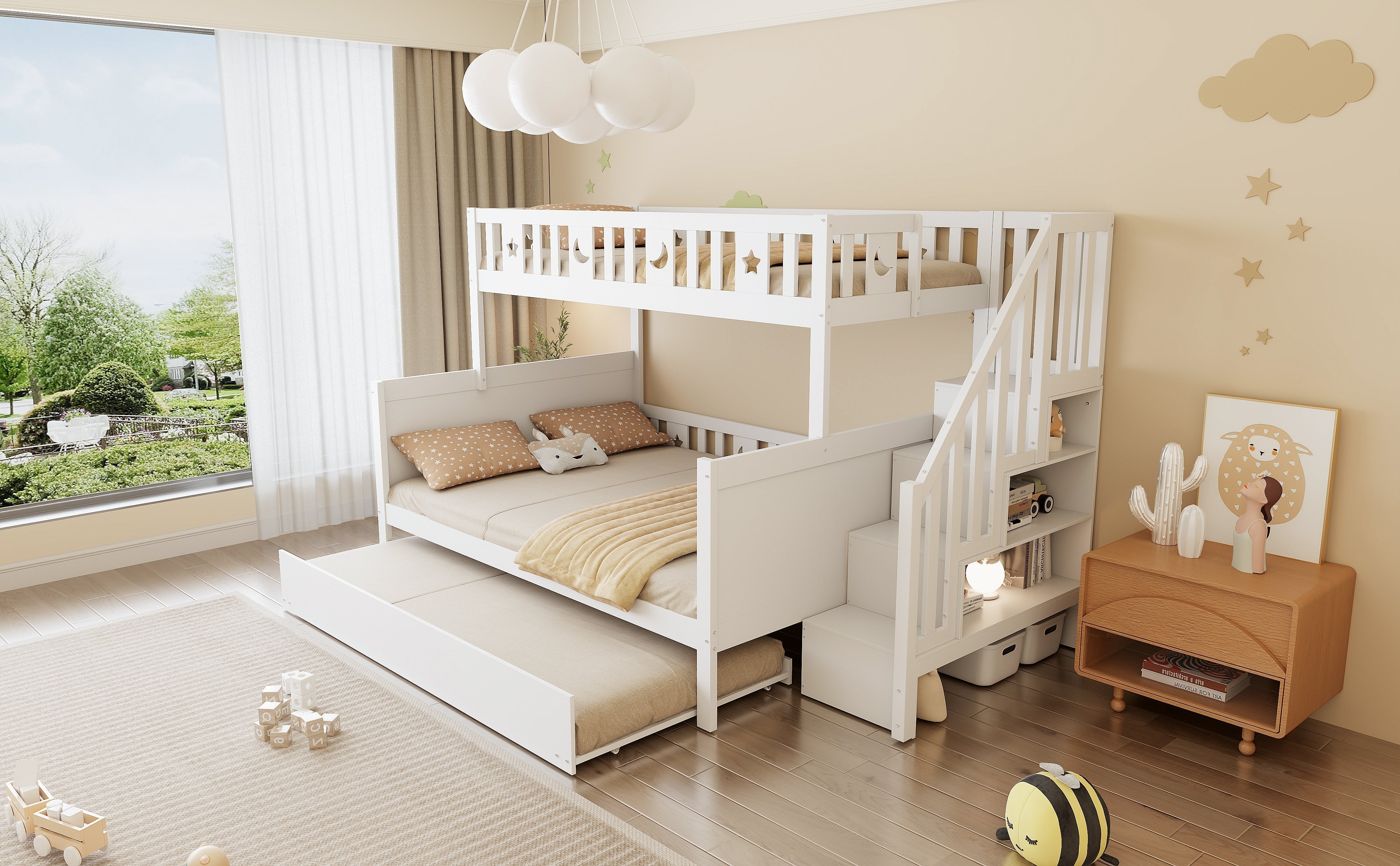 Multifunctional Bunk Bed with Storage and Slatted Frame, 90x200 and 140x200, White Pine Wood
