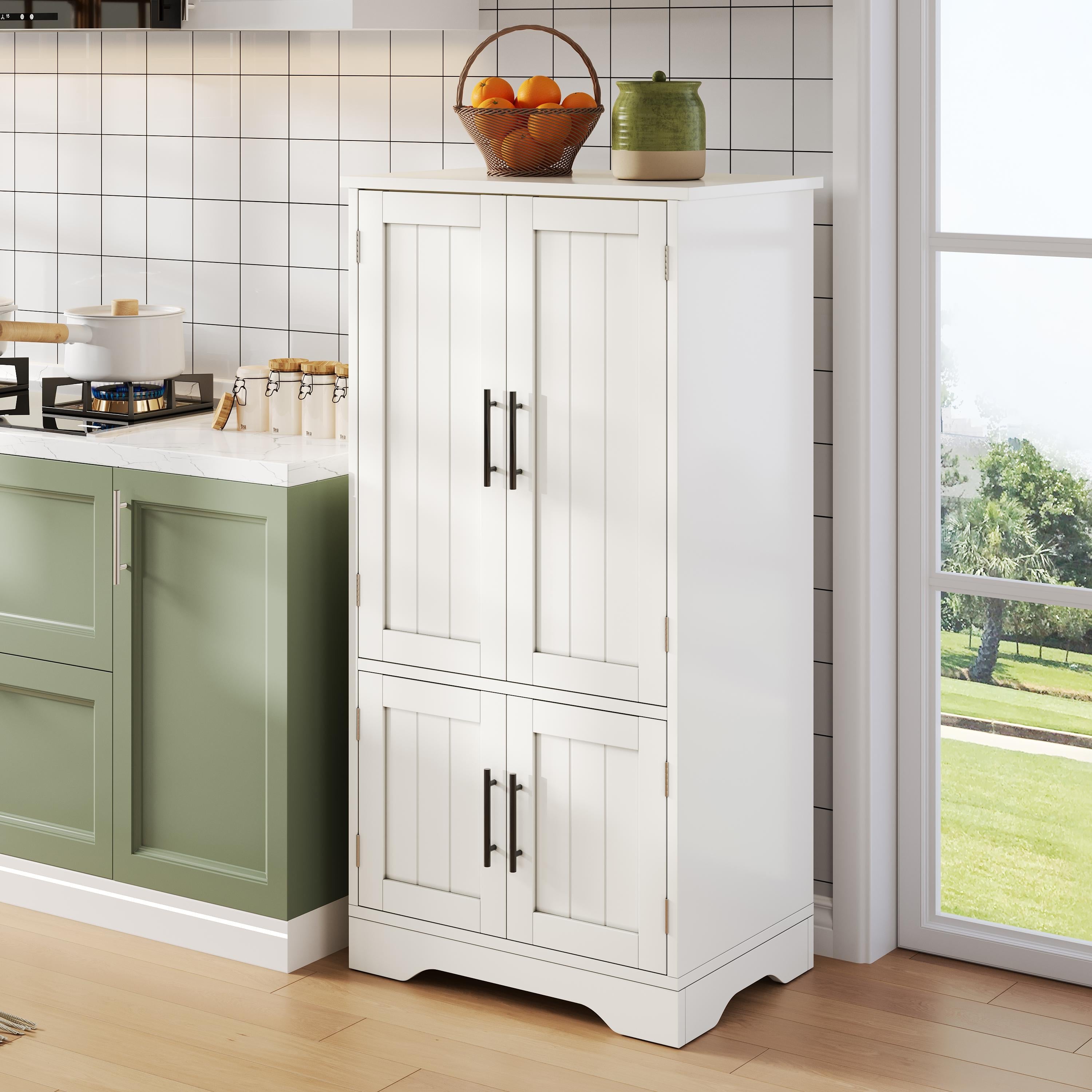 Kitchen Cabinet, LED Sensor Light, 4-Door Storage, Adjustable Shelves, White