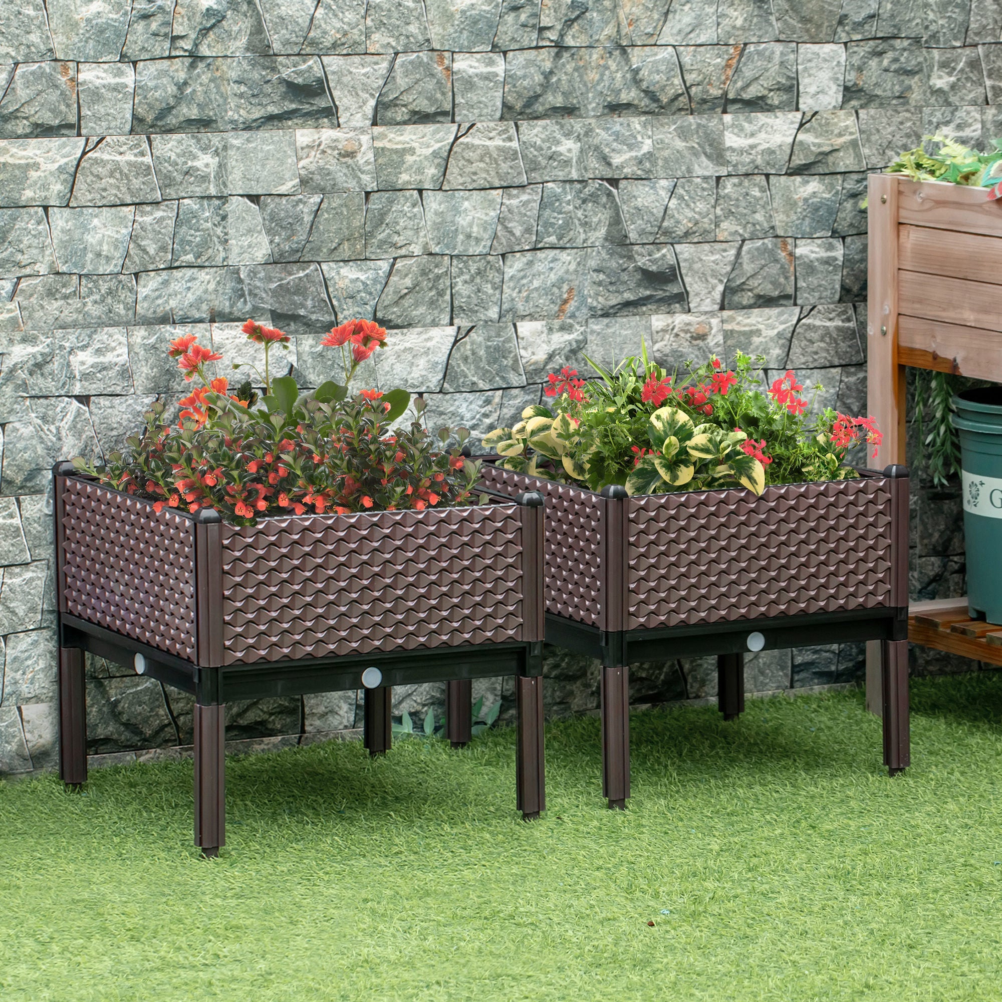 Garden Raised Bed Set of 2, Elevated Planter Box with Self-Watering, 50cm x 50cm x 46.5cm, Plastic