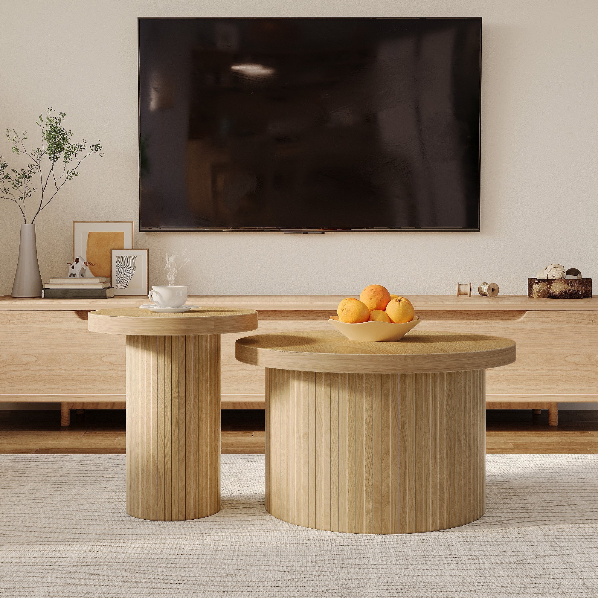 Coffee Table, Double Round Side Table, Natural Wood