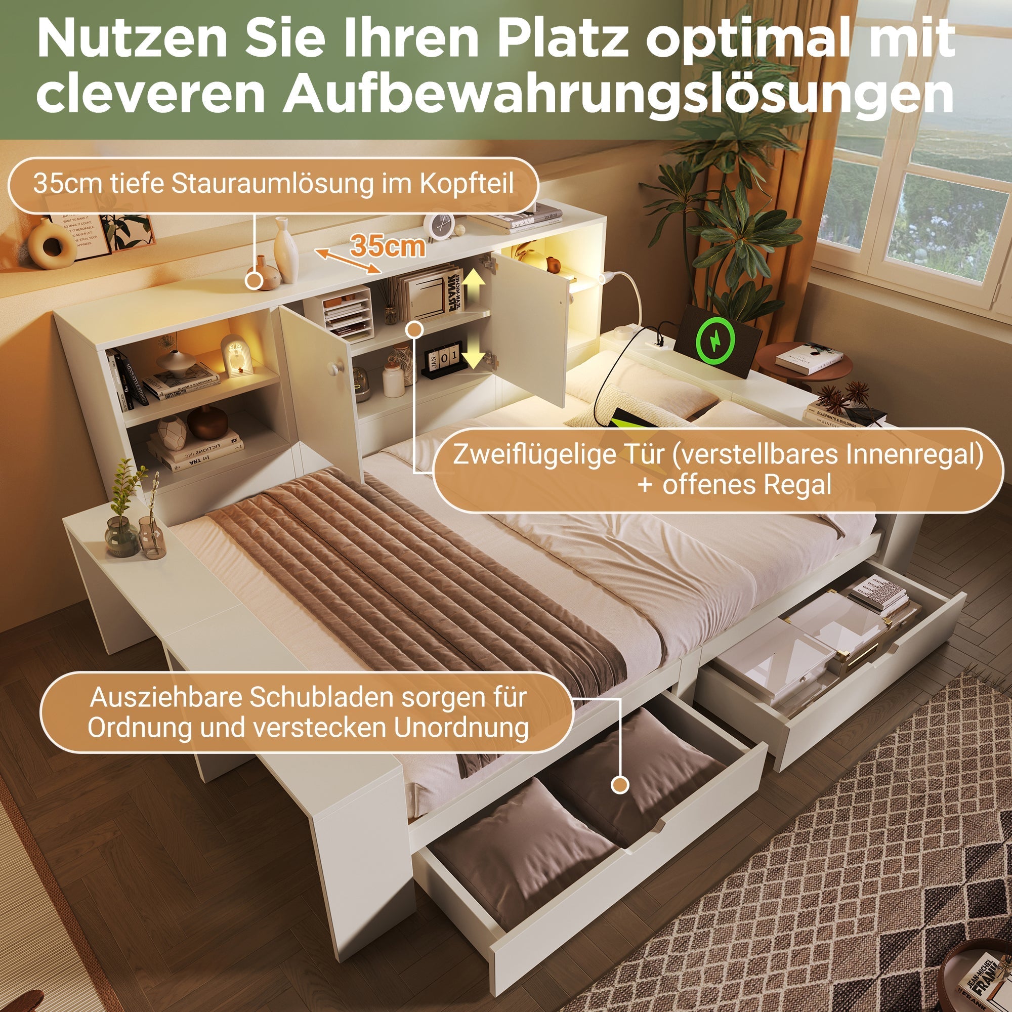 Storage Bed 140x200cm with Drawers, Double Doors and USB/USB-C Ports, White Wood