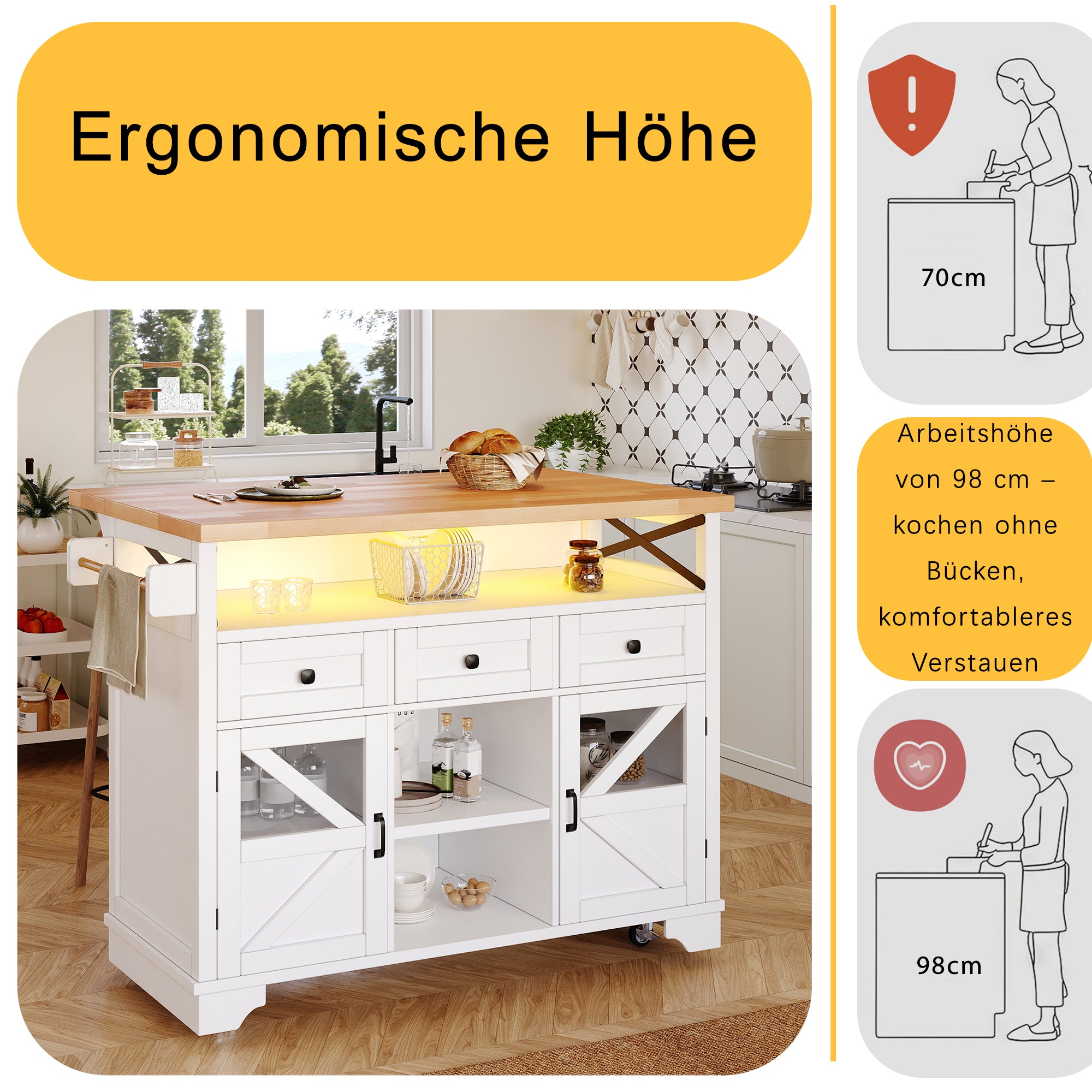Multifunctional Kitchen Trolley App LED Folding Table 3 Drawers
