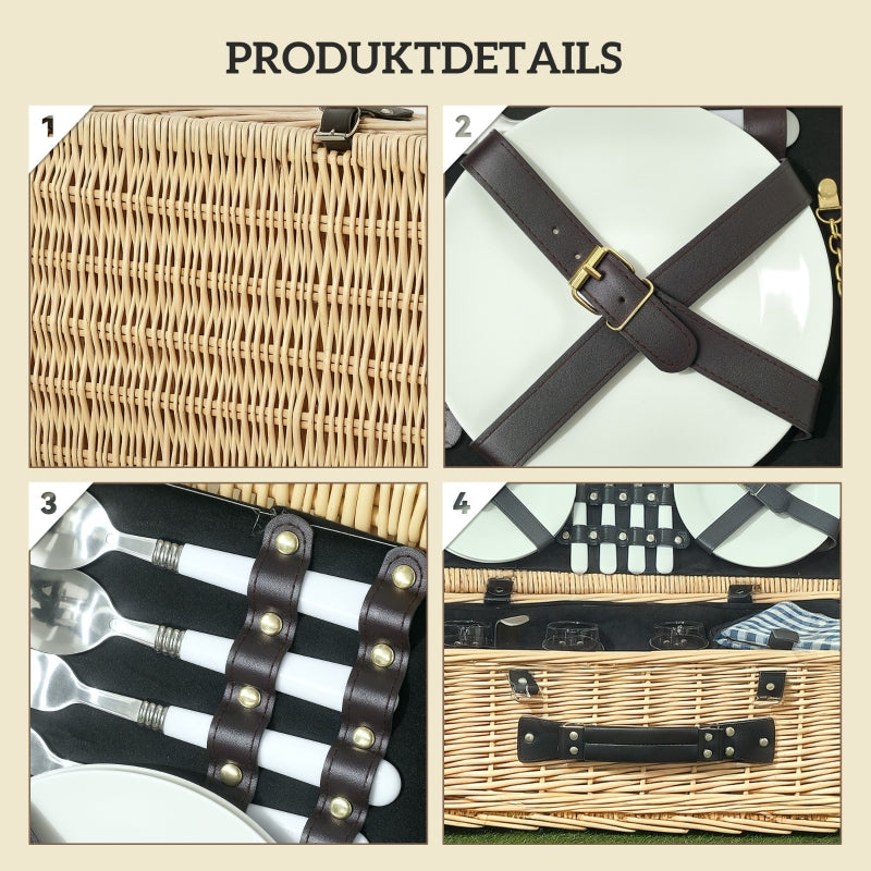 Picnic Basket with Insulated Cooler Compartment, Blanket, Cutlery Set, natural wood