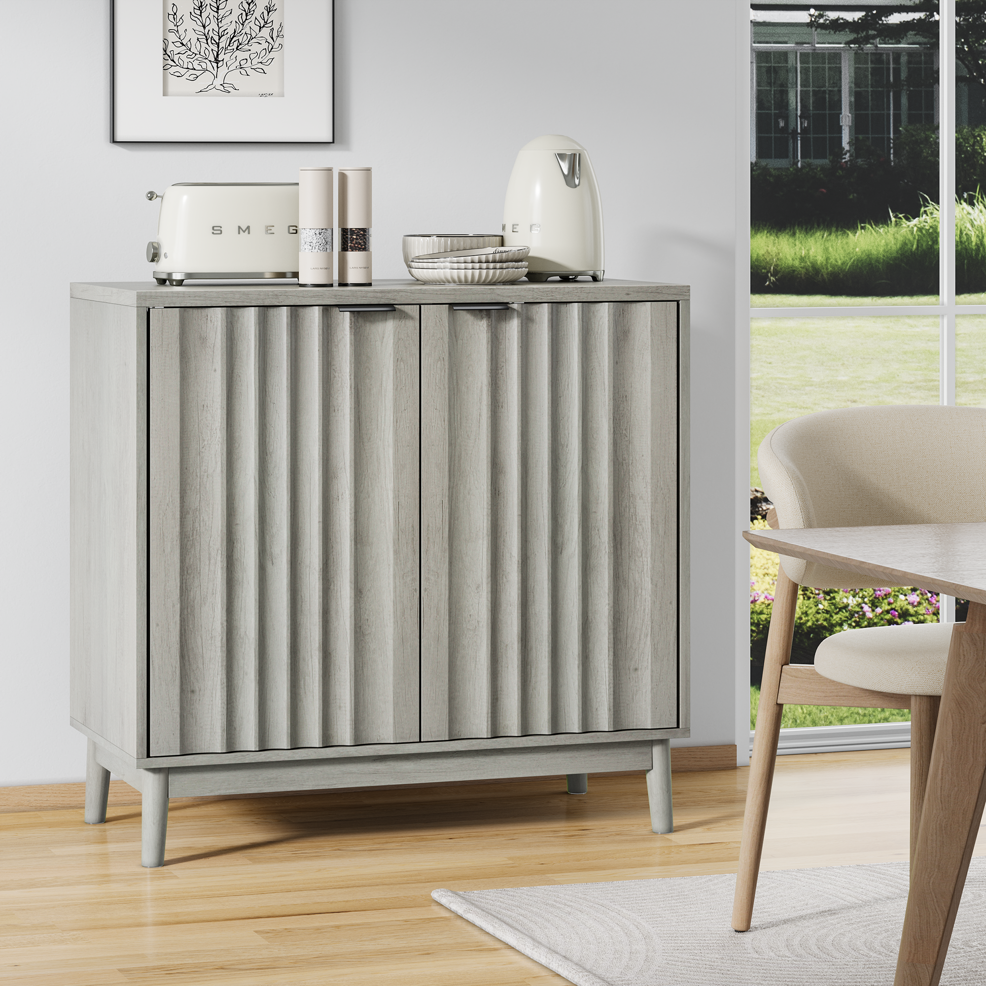 Grooved Edge Cabinet, Independent Wash Buffet with Adjustable Shelves, Wooden, Gray