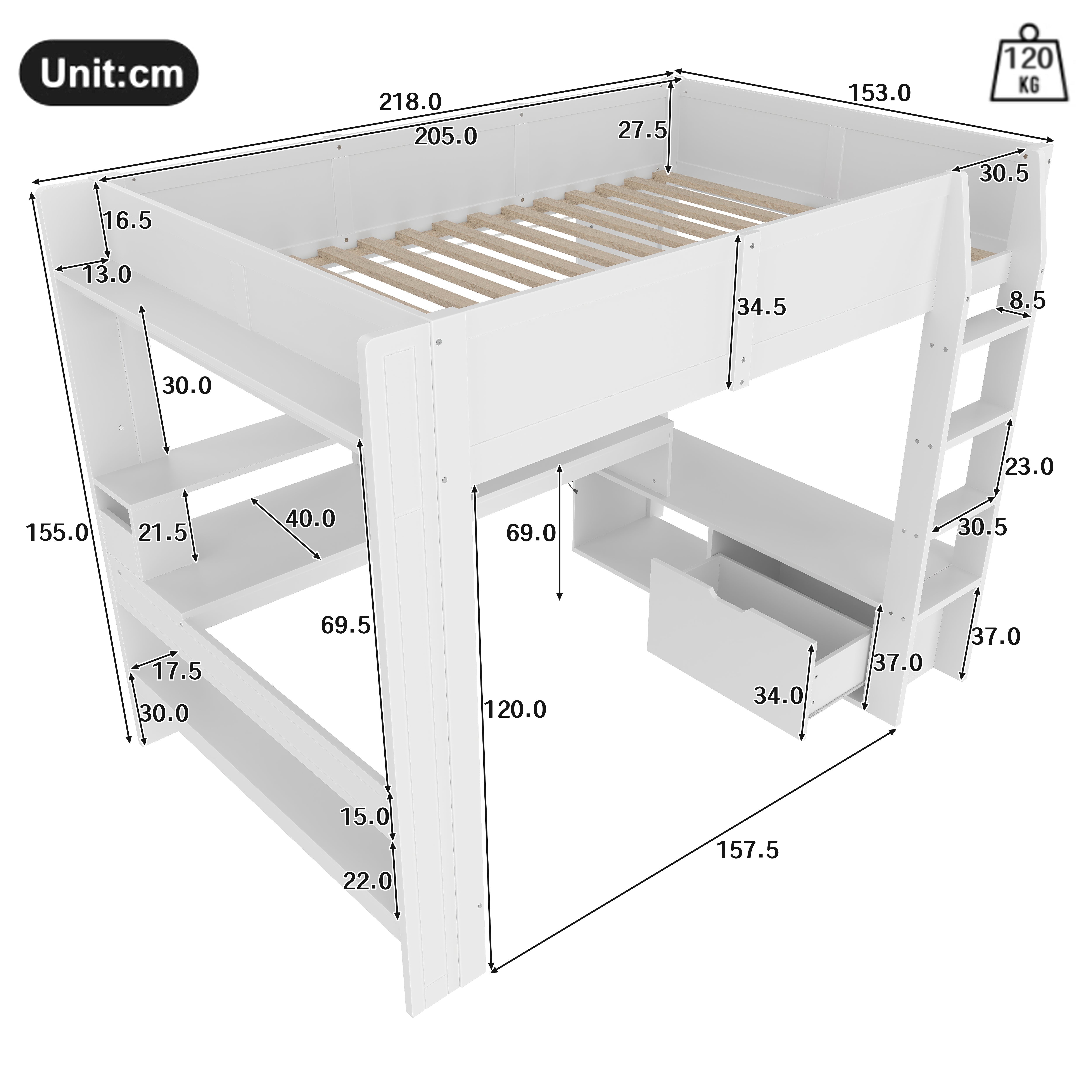 Loft Bed 140x200cm Gaming Desk LED Drawer Shelves - White