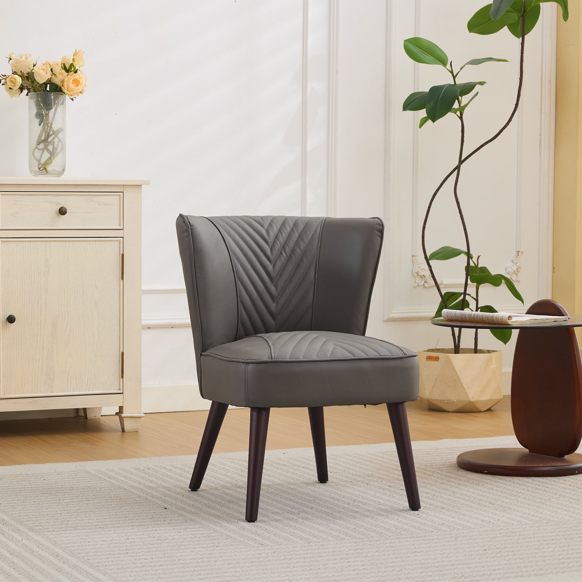 Lounge Chair Armless Genuine Leather Rubberwood Base - Grey
