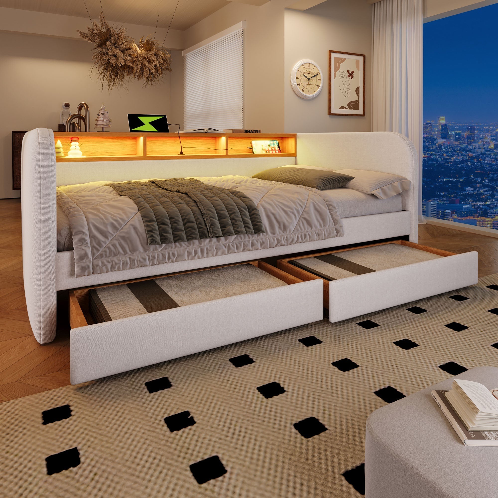 Daybed, 140x190 cm Upholstered Sofa Bed with LED, USB-C, Drawers & Storage Headboard, Light Beige Linen