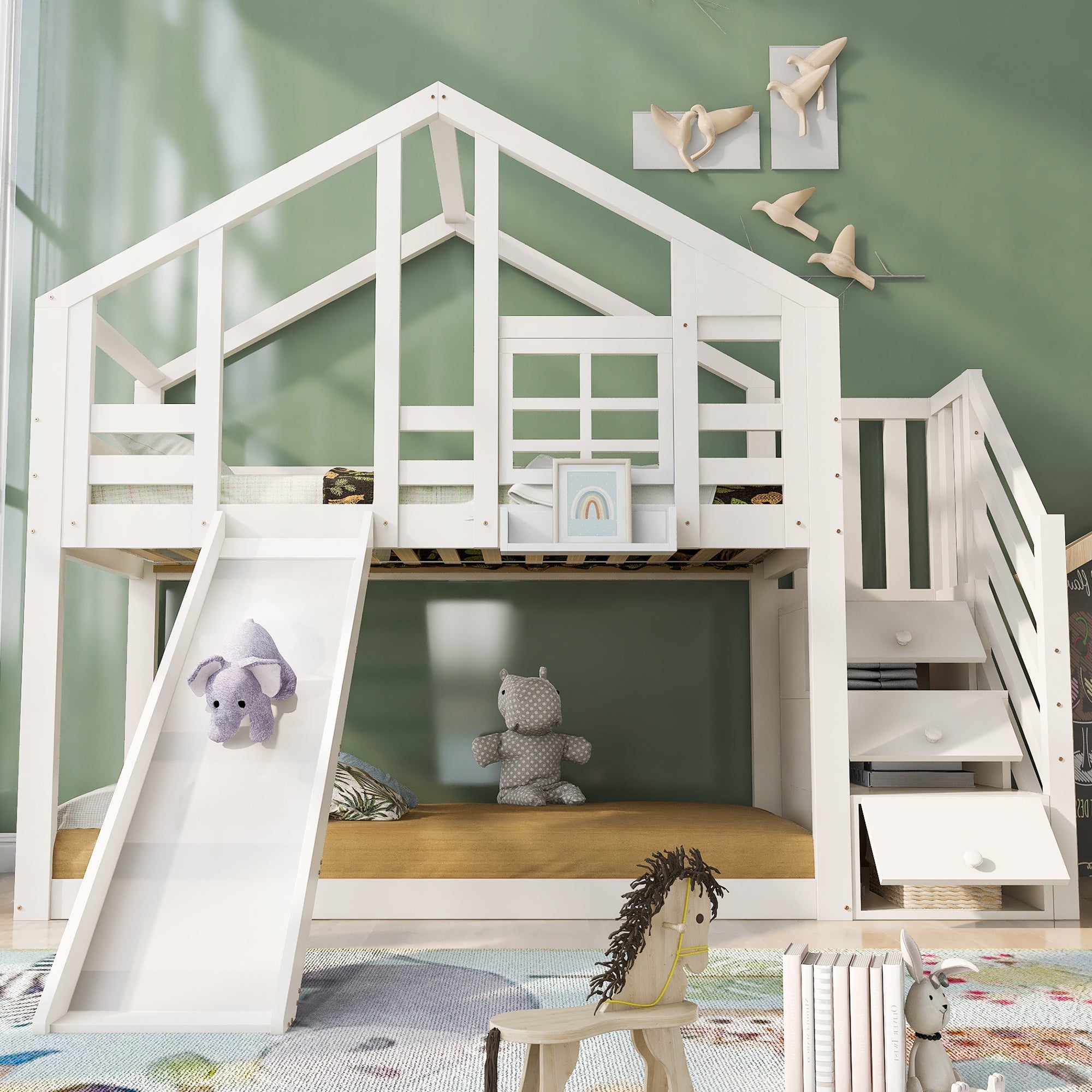 Children's Bed Tree House 90x200cm, Bunk Bed with Slide & Fall Protection, White