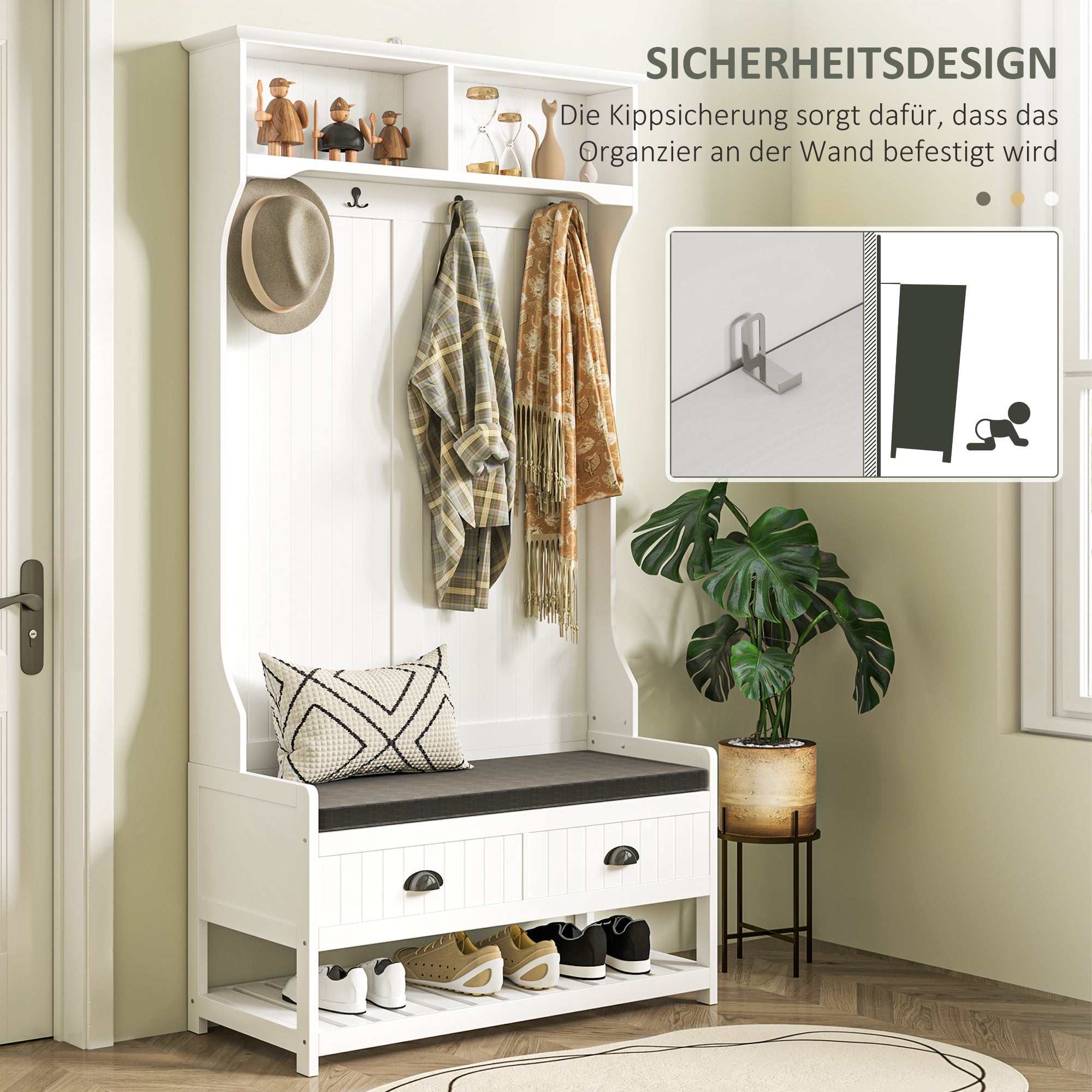 2-in-1 Coat Rack & Wardrobe, Shoe Bench, 4 Hooks, Anti-Tip Protection, White+Grey