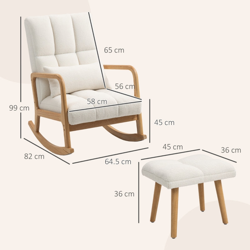 Rocking Chair with Stool, Fleece Cover, Wooden Skids, White
