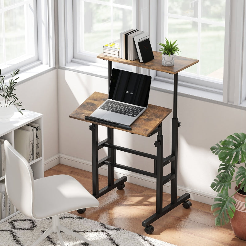 Height-Adjustable Desk 60x60cm Shelf Casters - Rustic Brown