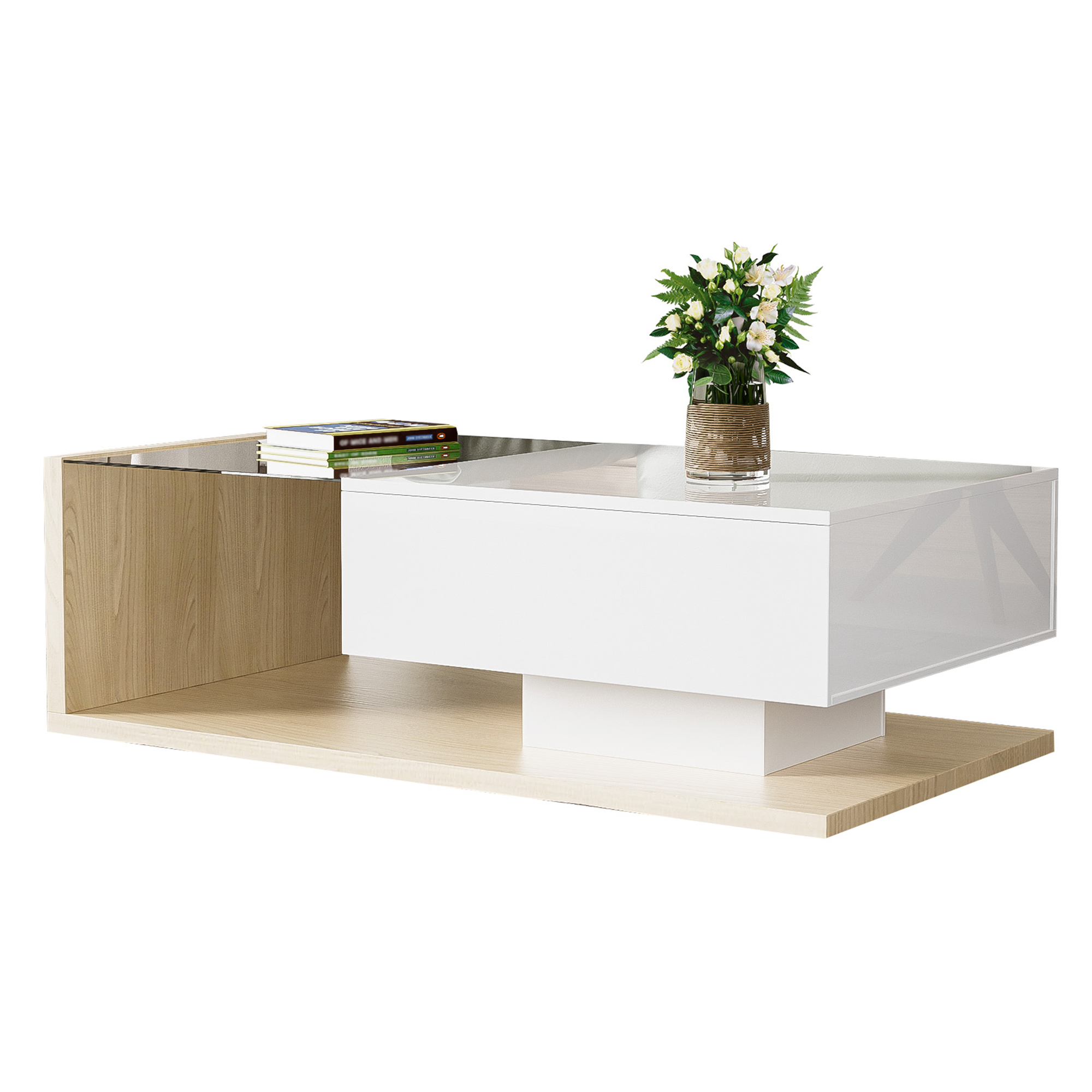 Coffee Table with Glass and LED, High Gloss White and Wood