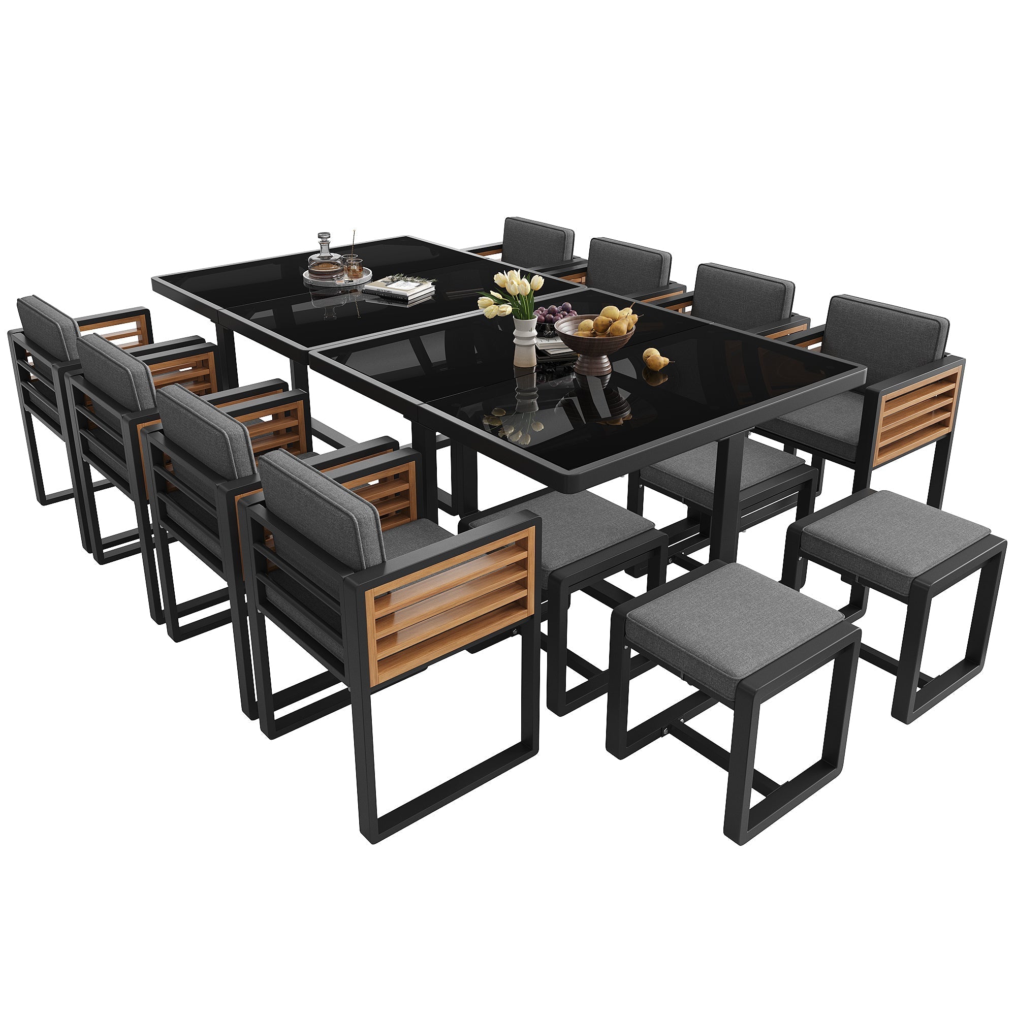 Garden Furniture Set with 12 Chairs and Table for 12 People, Glass Tabletop