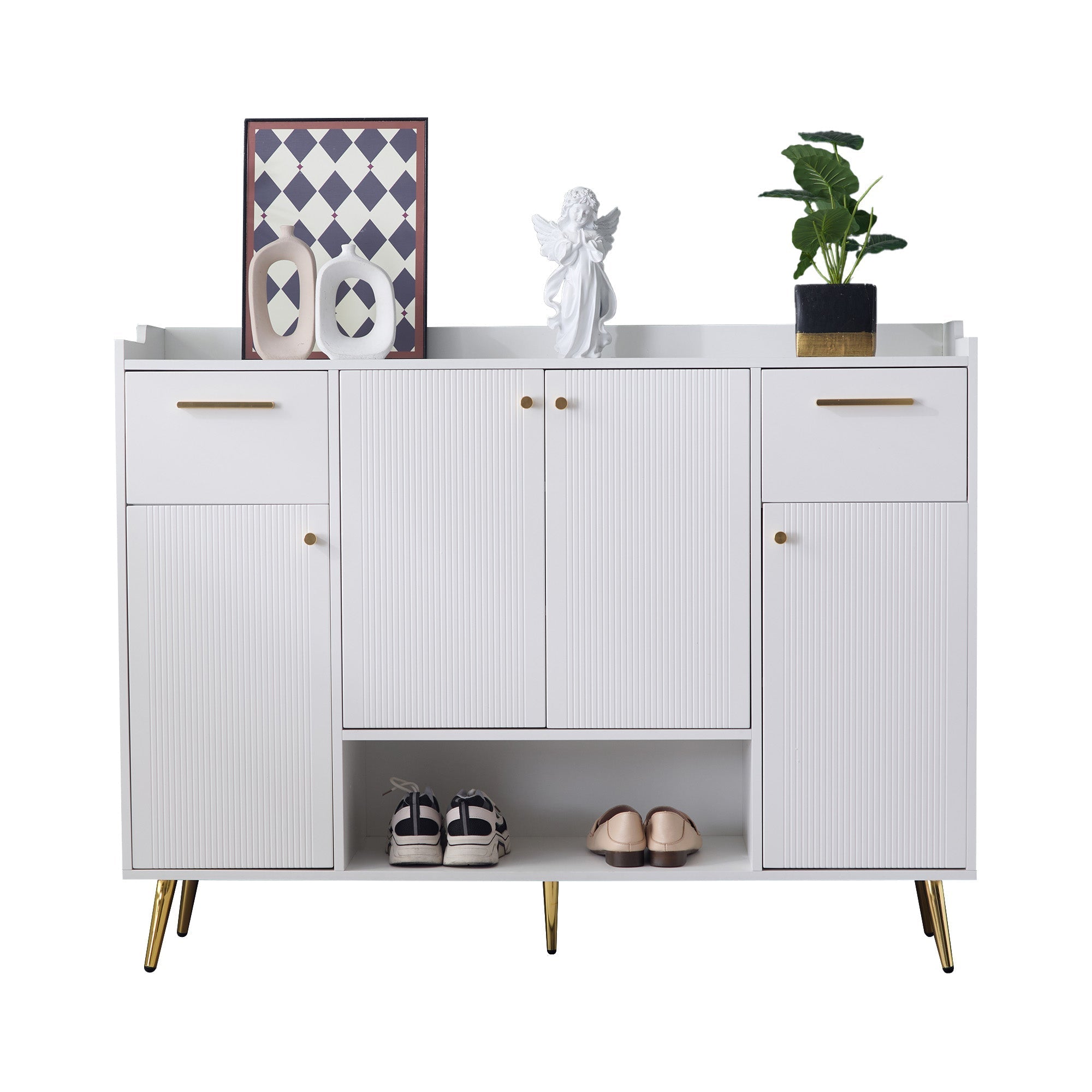 Shoe cabinet, shoe rack with 2 drawers and 4 doors, metal feet, white