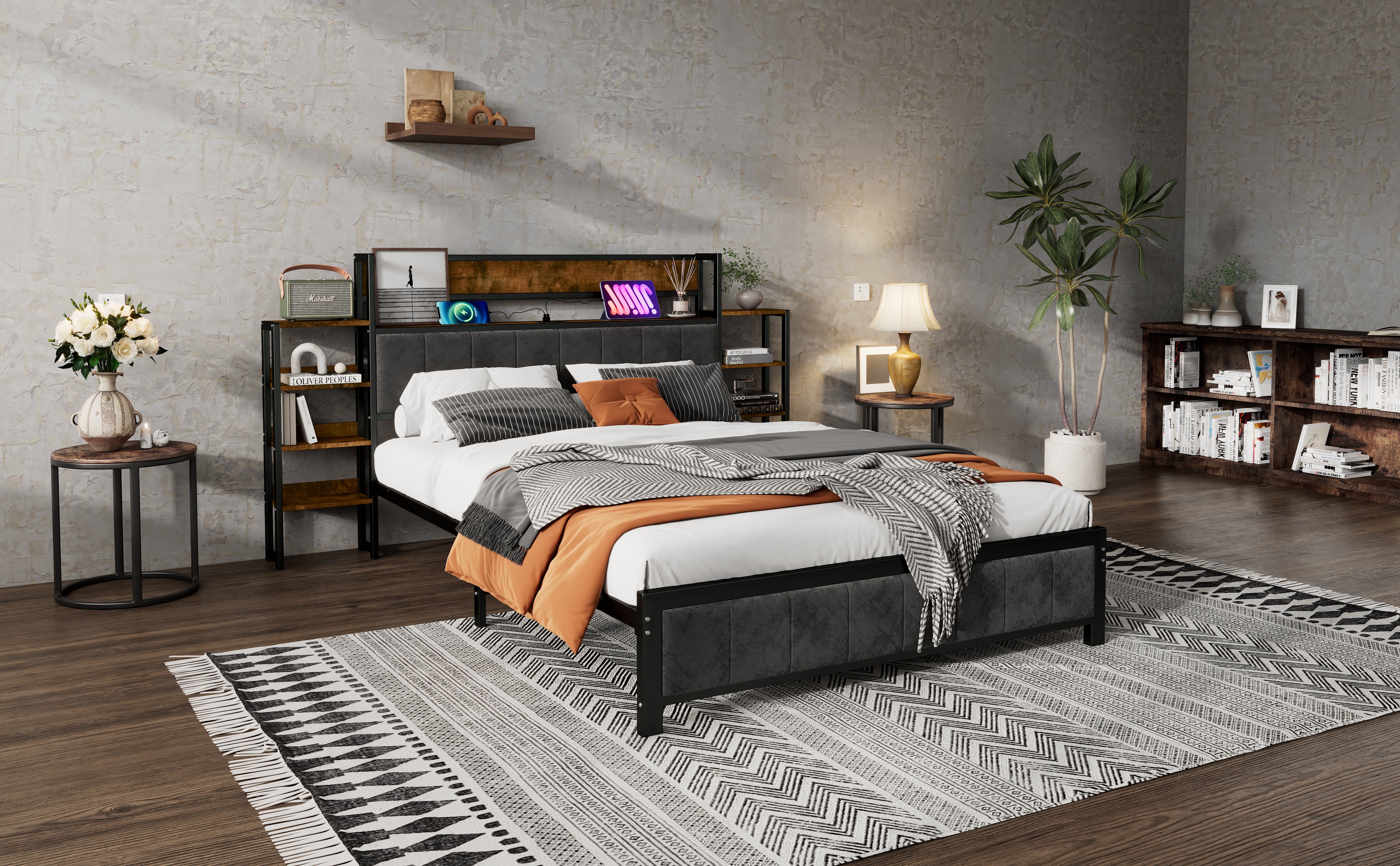 Metal Bed, Storage with Shelf & 3 USB Ports, Black & Walnut