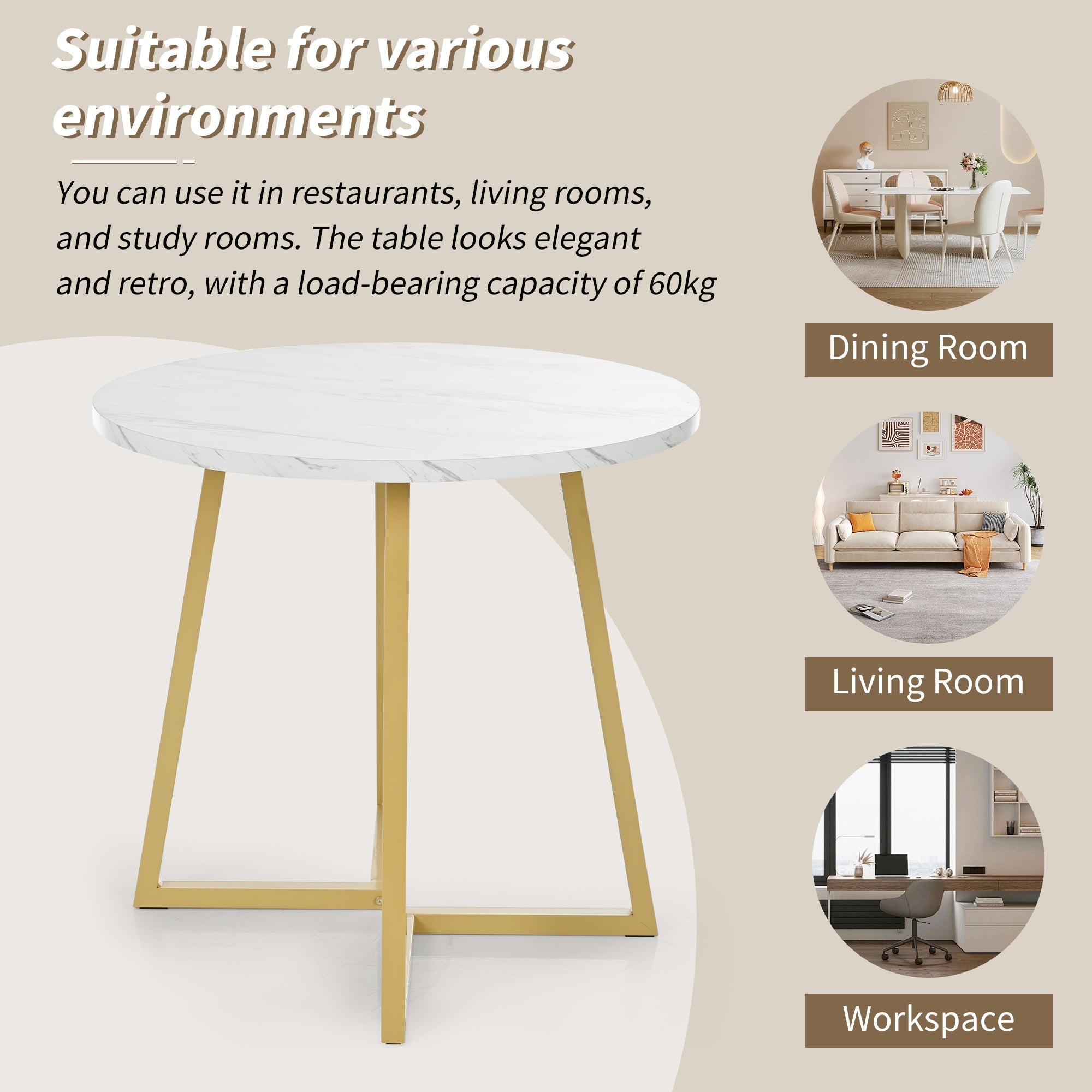 Dining Table Set (5-piece) Round 80cm Kitchen Table White MDF, Gold Metal/Black Velvet