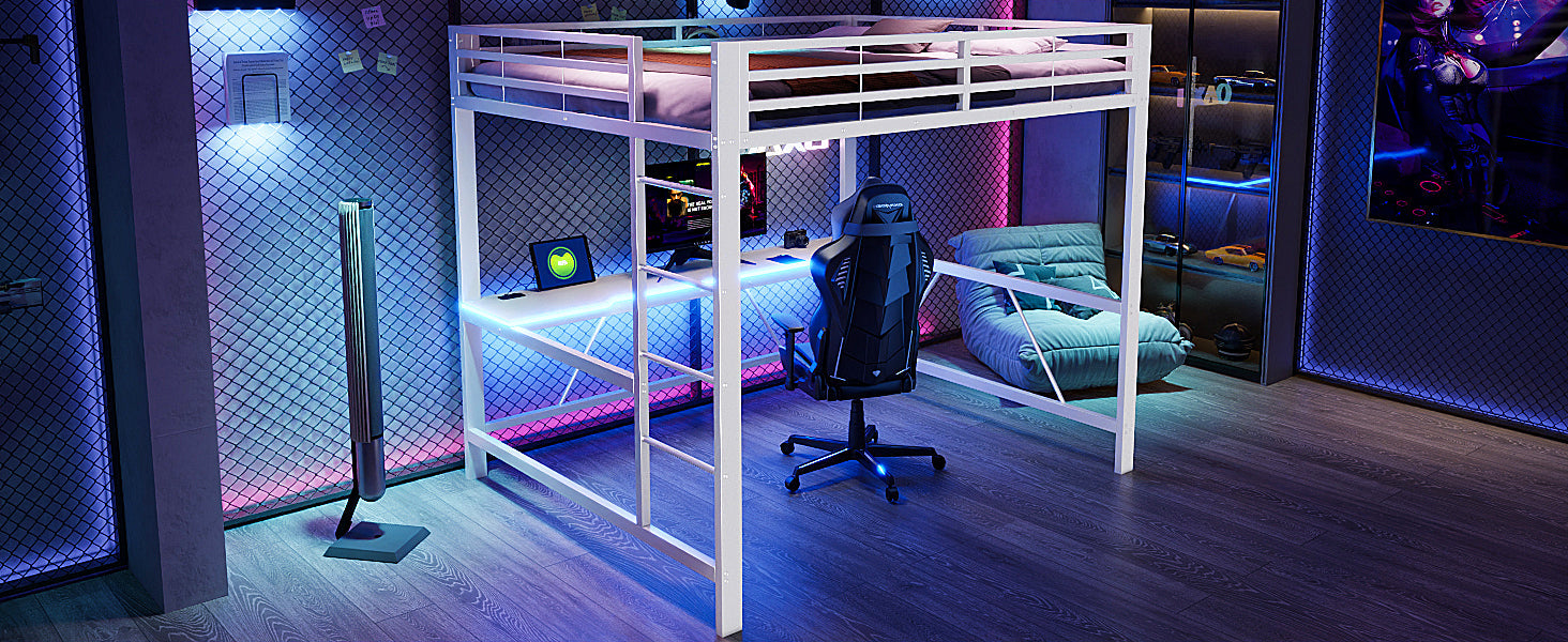 Gaming Loft Bed Frame with 160x200 Desk, LED and USB, White Metal