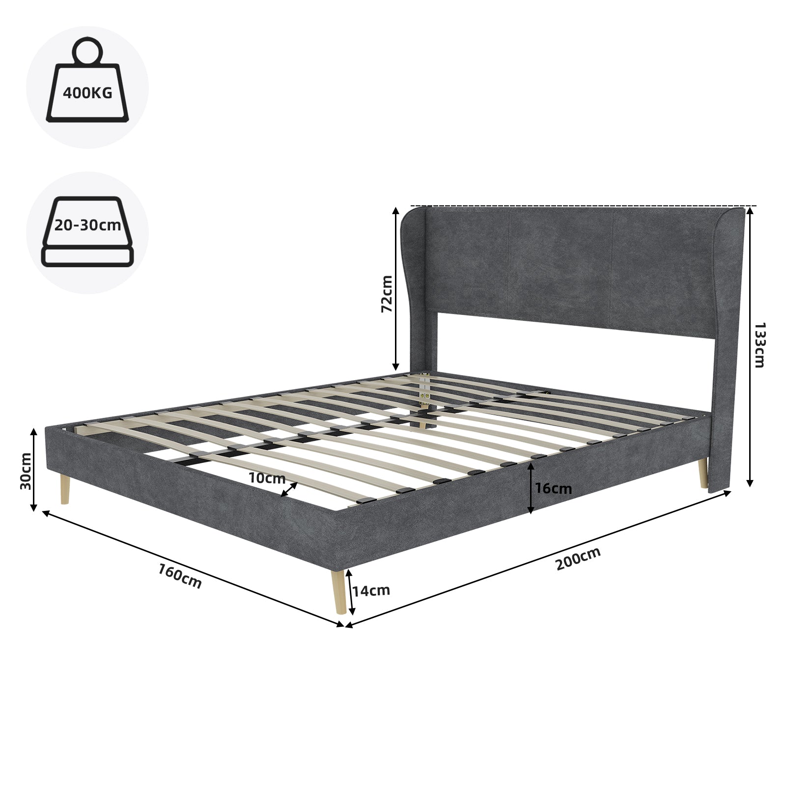 Upholstered Bed, Modern Minimalist Soft Headboard, 160x200 cm Grey