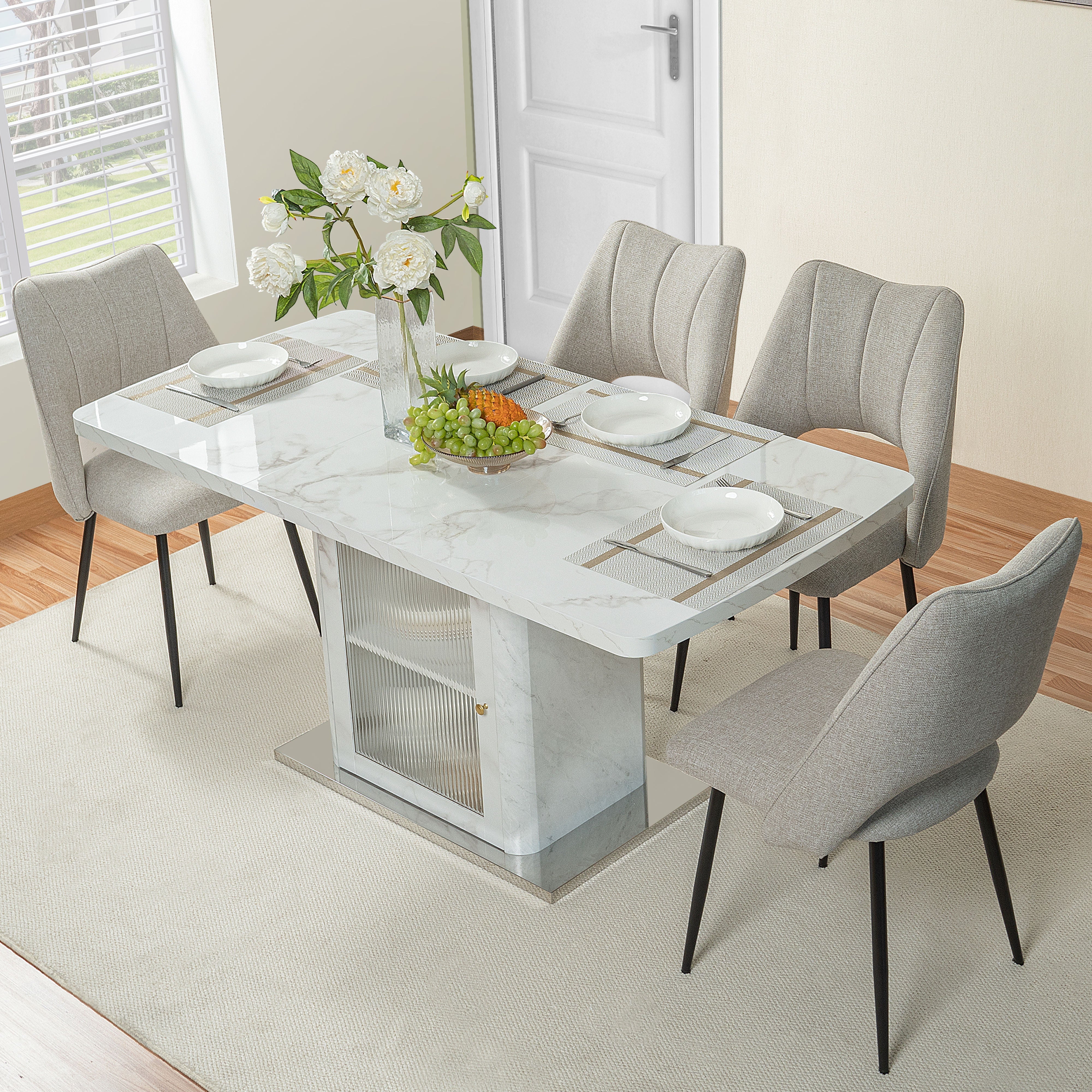 Modern Rectangle Dining Table 120-160cm Stretchable Storage Cabinet White Marble Top Metal Base