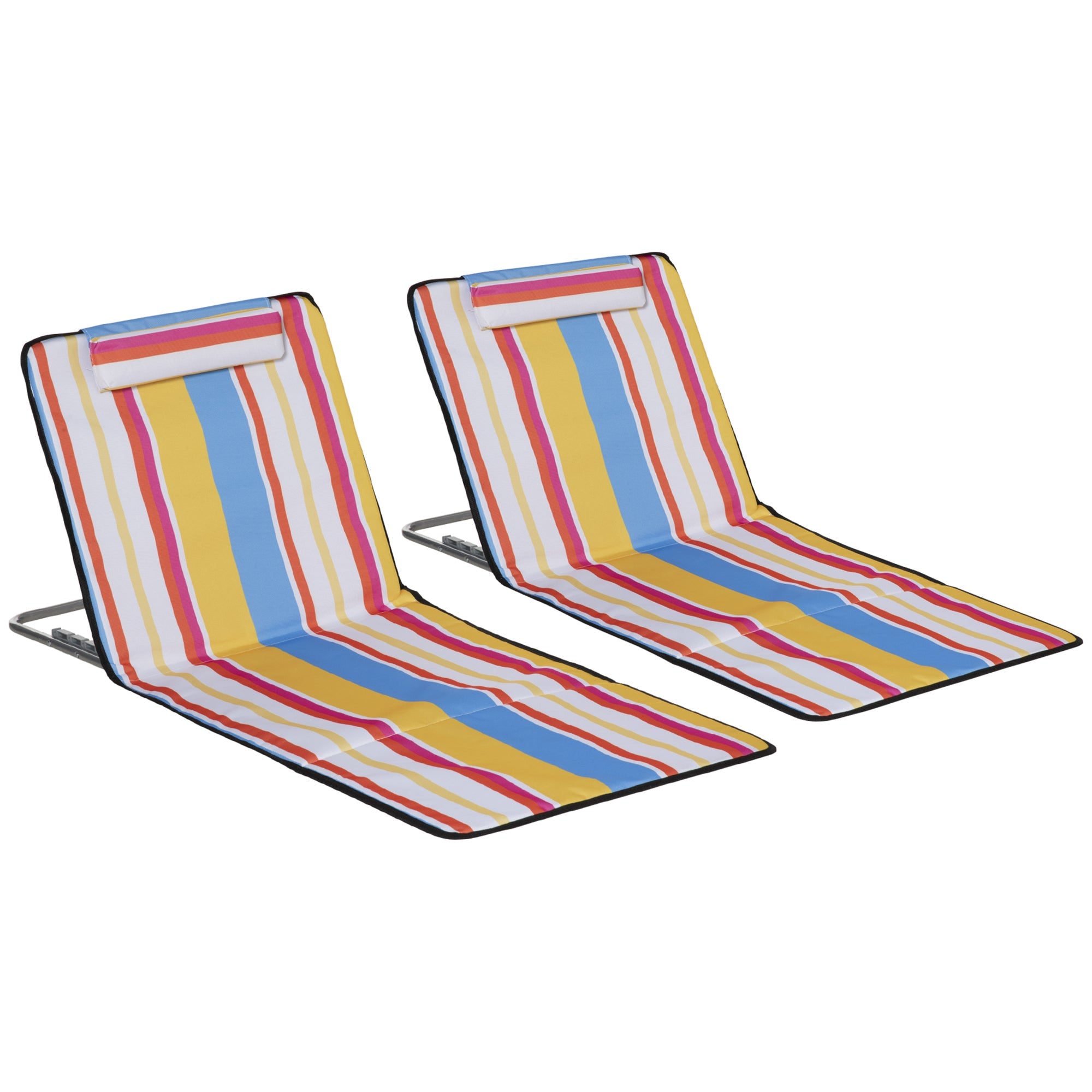 Beach Mat Set of 2, Foldable Lounger 5-Level Adjustable with Headrest & Bag, Steel, Multicolor