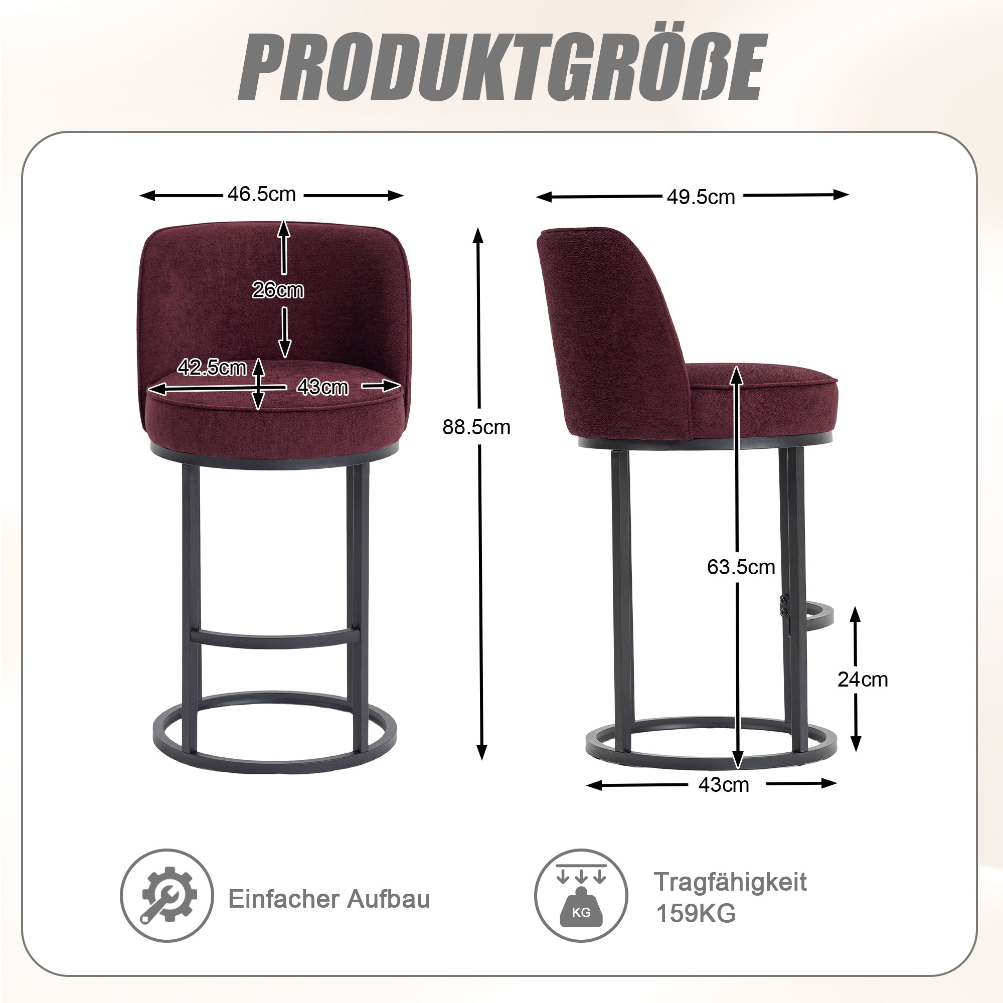 Bar Stools Duo Set with Ergonomic Backrest and Metal Legs, Linen Upholstery