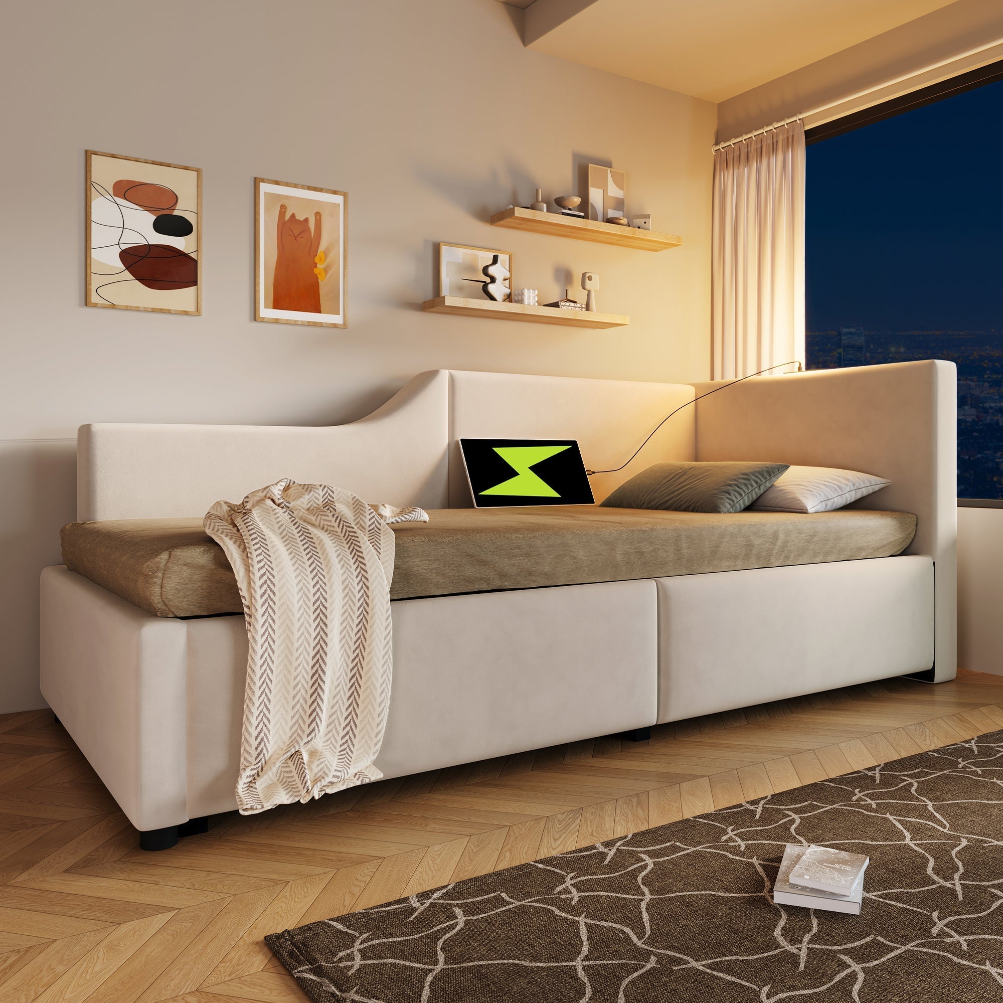 Upholstered Daybed, 90x190cm Sofa Bed with Hydraulic Storage & USB-C, Velvet Beige