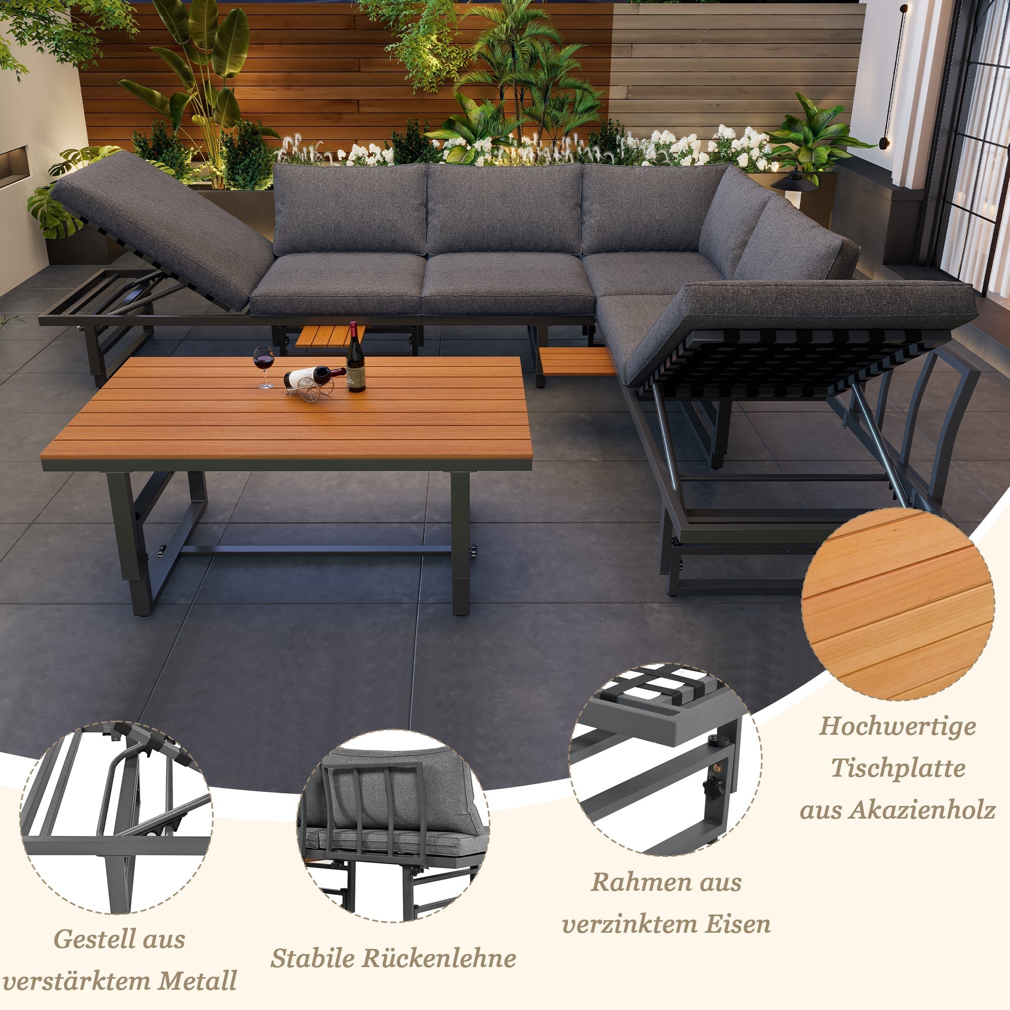 Outdoor Garden Furniture Set with Adjustable Table and Backrests, Galvanised Iron & Acacia Wood, Grey