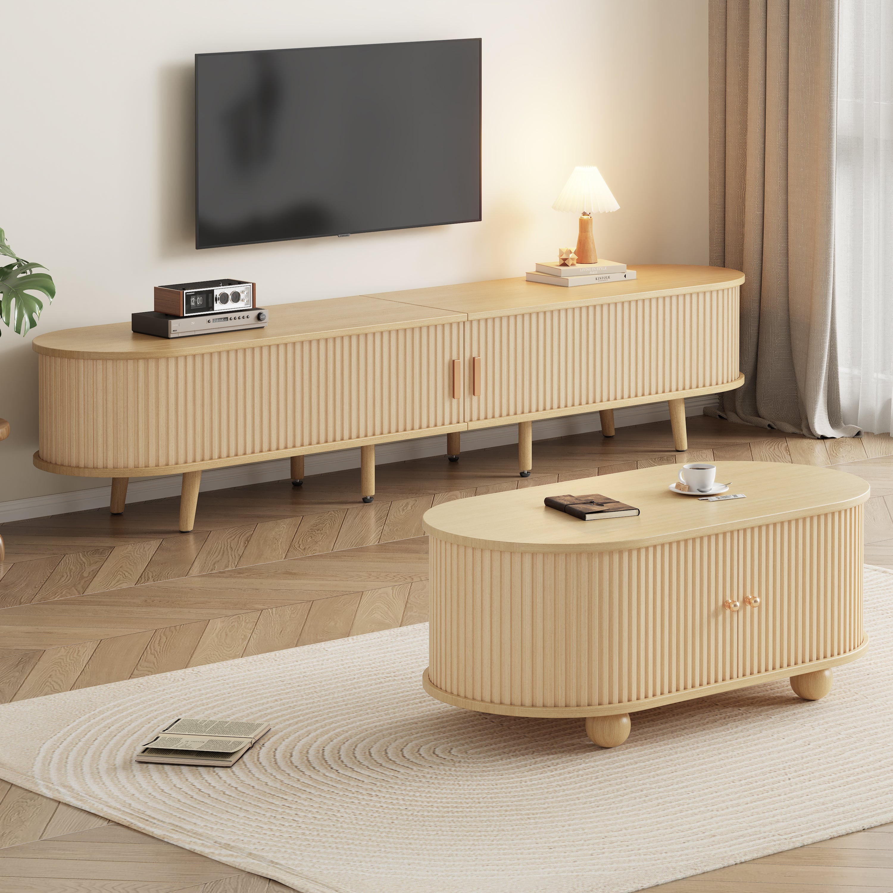 TV Cabinet & Coffee Table Set, Oval Combination Storage, Original Wood Color MDF