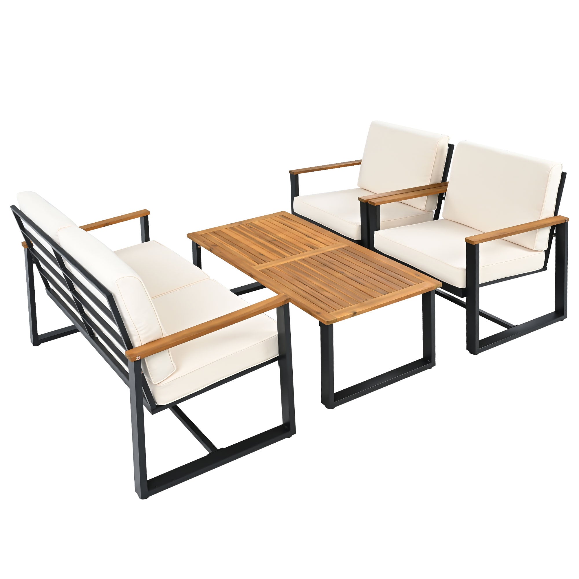 Garden Furniture Set with 1 3-Seater Sofa, 1 2-Seater Sofa, 2 1-Seater Sofas, Coffee Table and Footstool, Beige Galvanized Steel and Acacia Wood