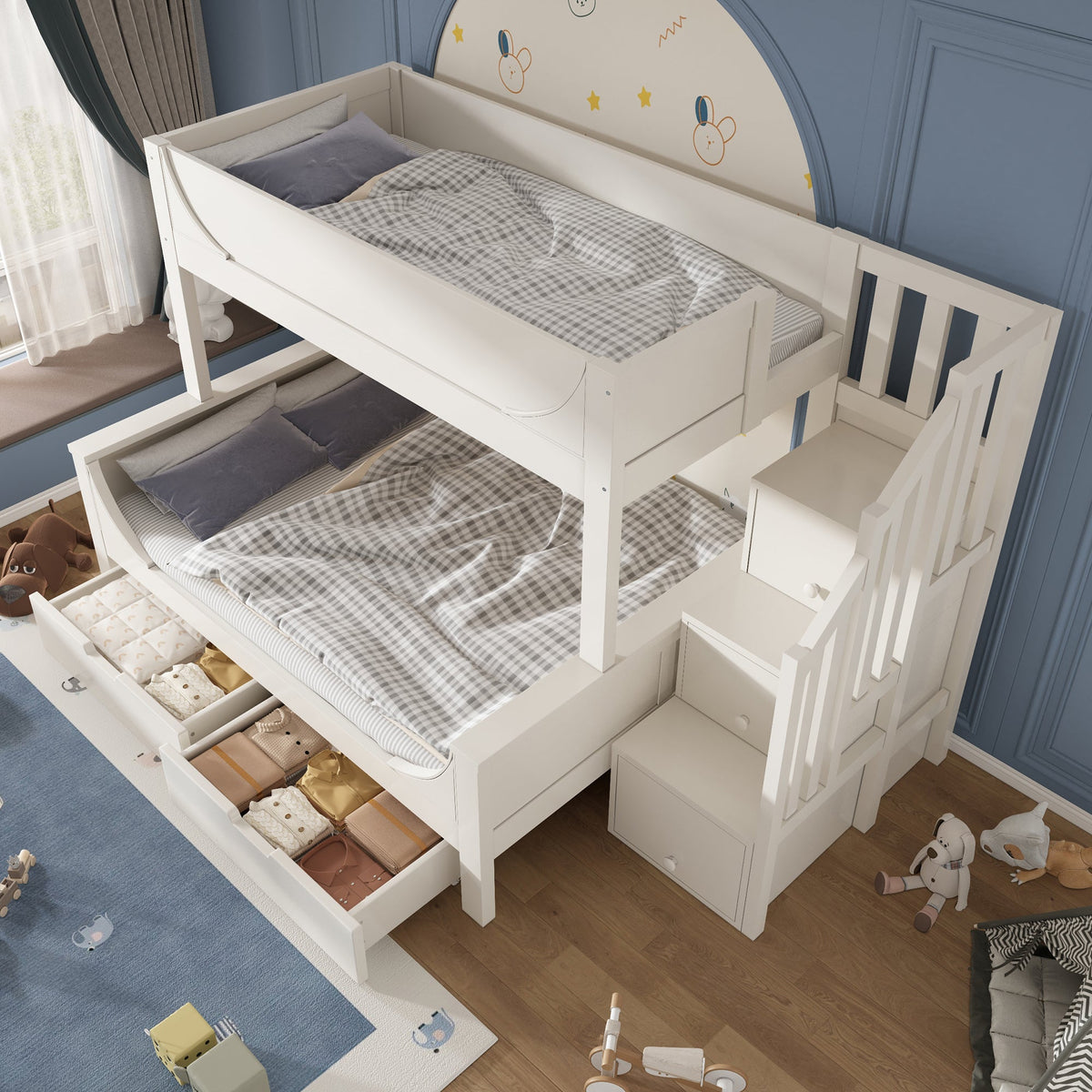 Bunk Bed with Ladder, Wardrobe, & Drawers, Sleigh Design 90/140x200cm Wooden White