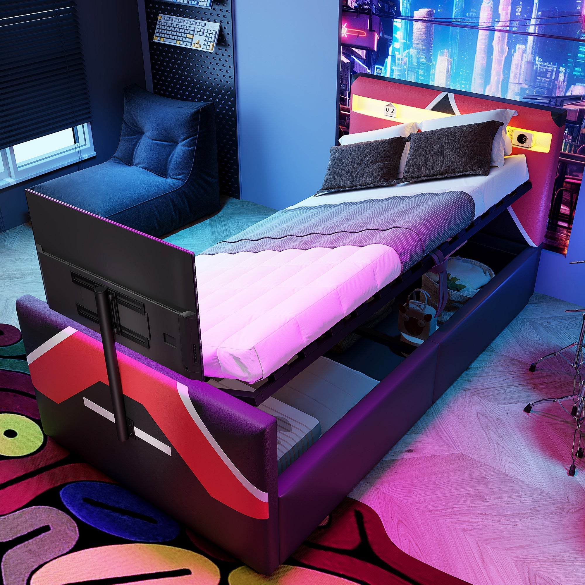 Children's Gaming Bed 90x200 with LED, Hydraulic Storage and TV Mount, PU Leather